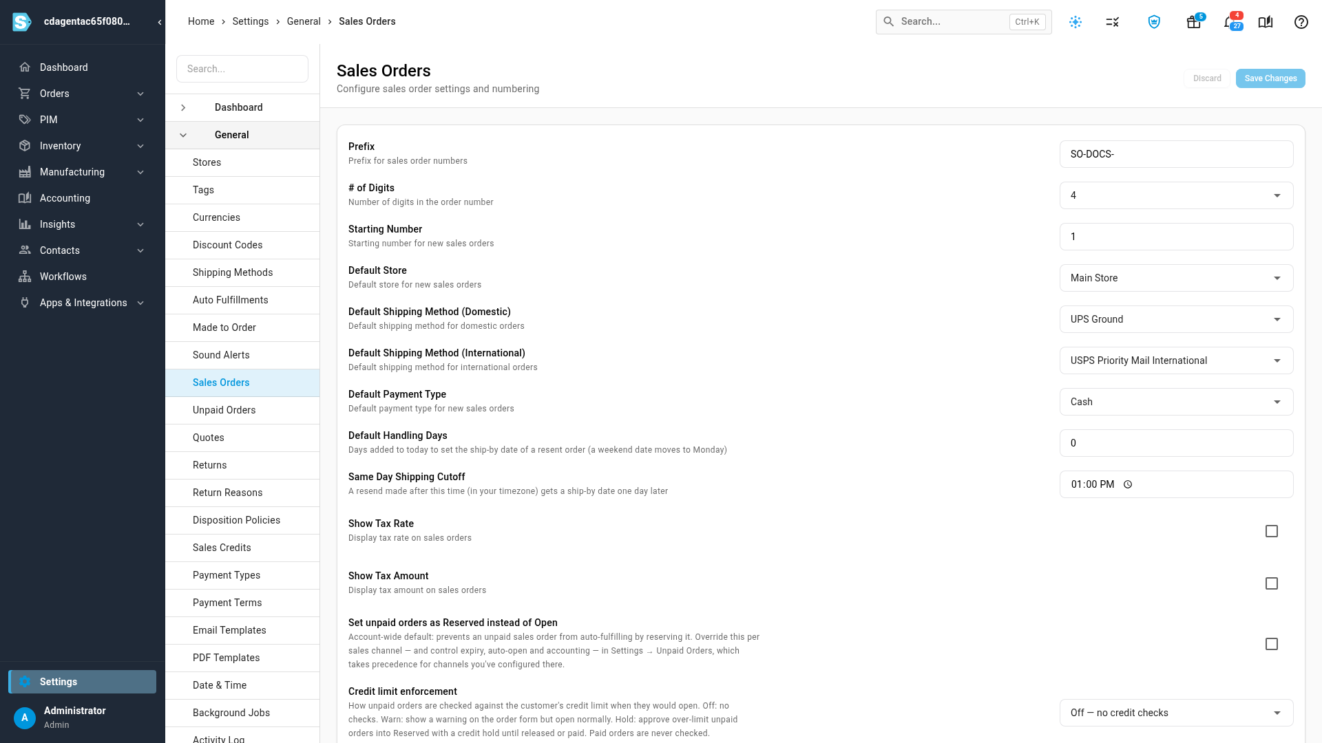 The Sales Orders settings