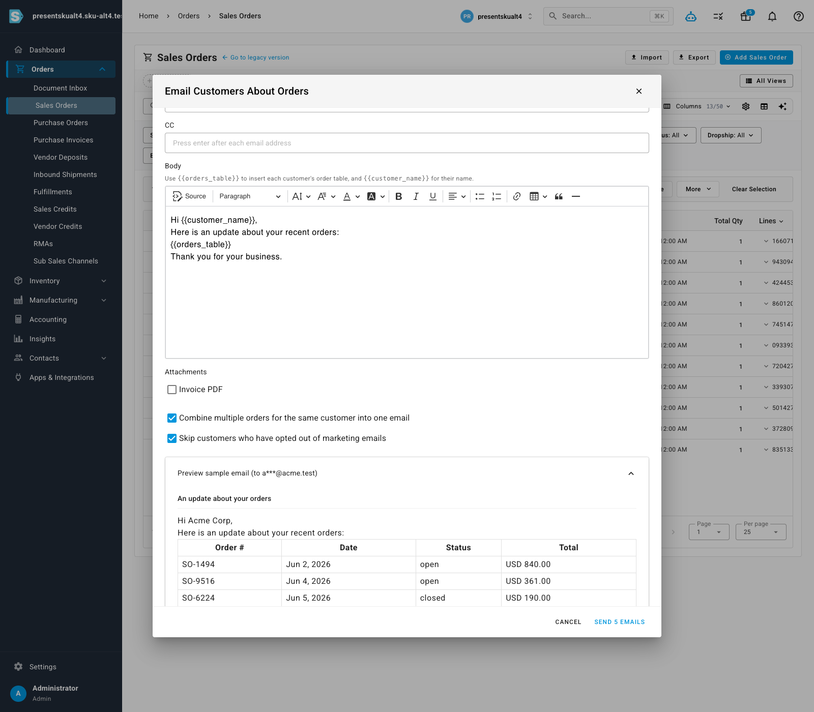 A preview of the grouped email showing one customer's orders in a single table