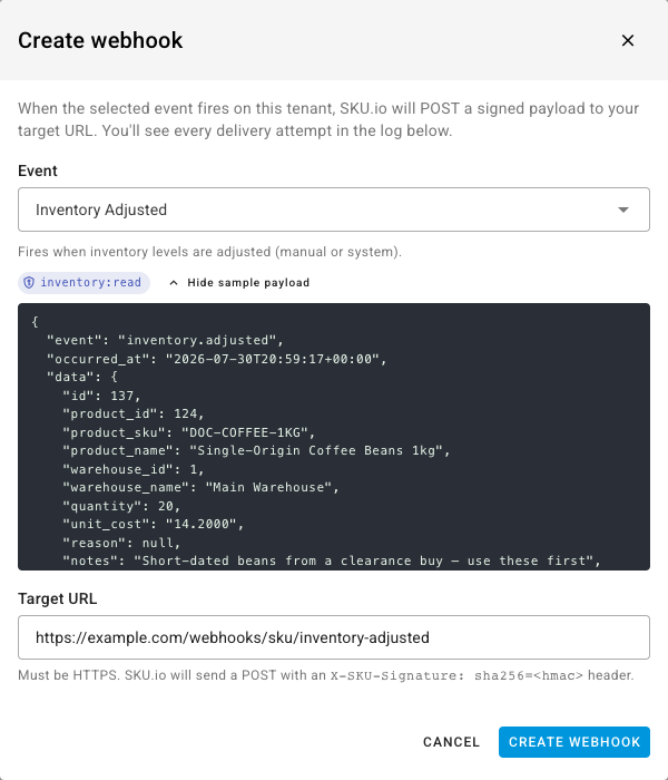 The expanded sample payload showing the event, delivery_id, occurred_at, and data envelope