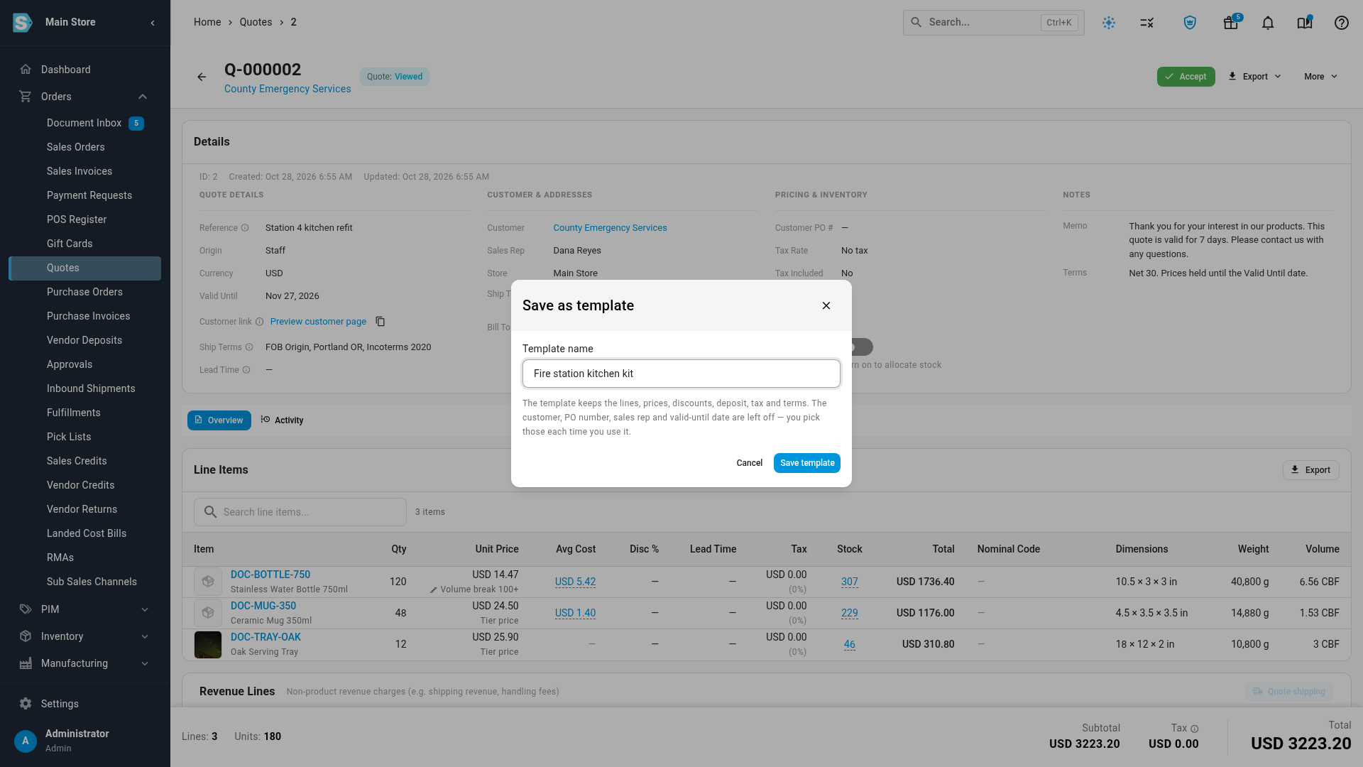 The Save as template dialog with a template name typed and the note on what the template keeps