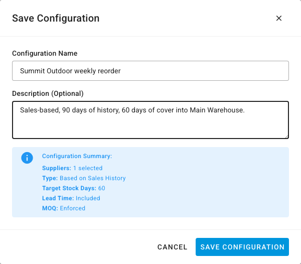 The Save Configuration dialog with a name, a description, and a summary listing 1 supplier, sales-history forecasting, 60 target stock days, lead time included and MOQ enforced