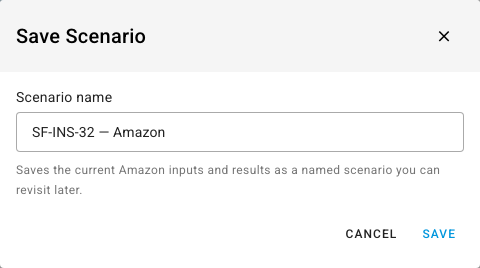 The Save Scenario dialog with the scenario name SF-INS-32 — Amazon