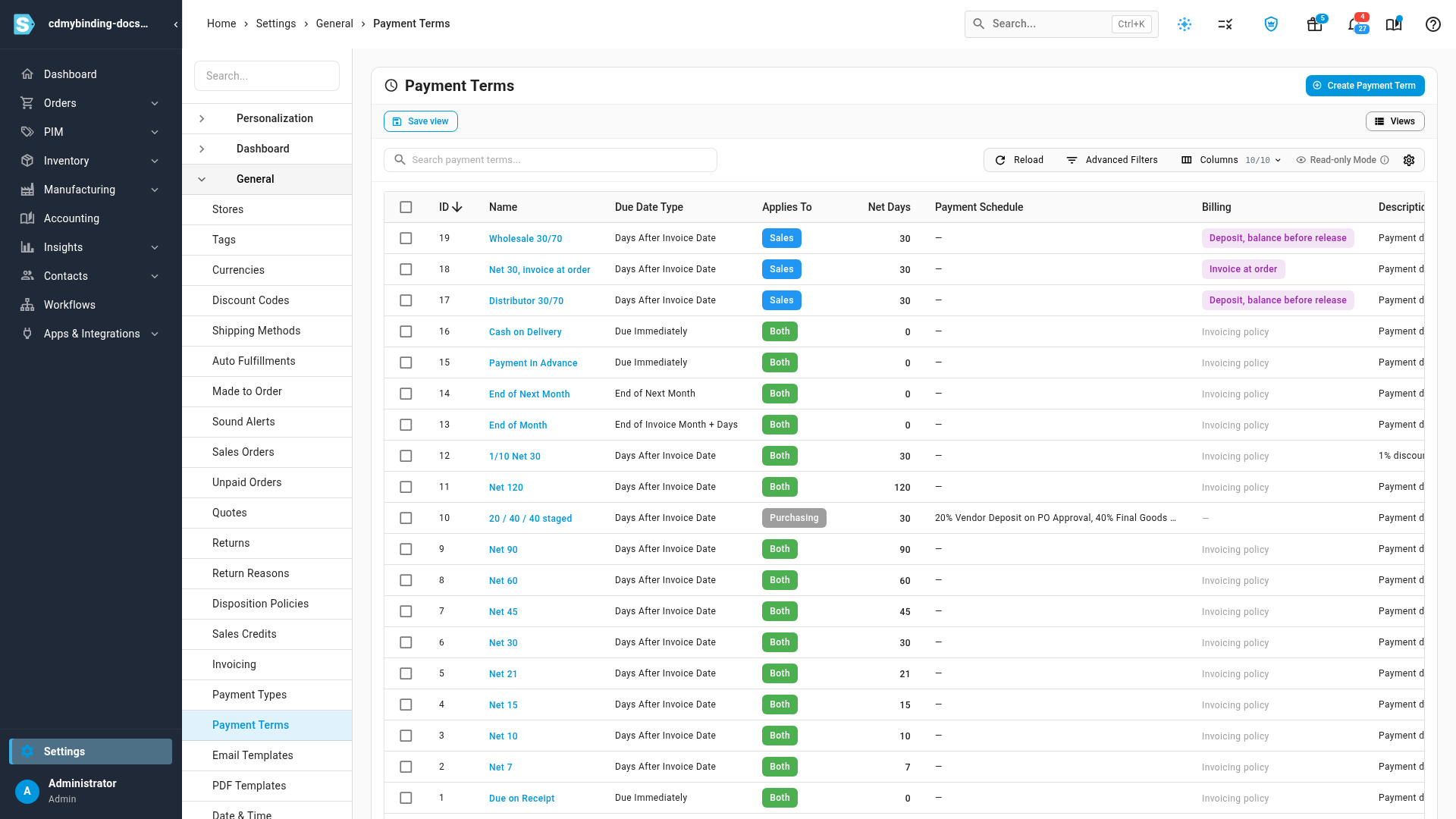 The payment terms list with the new term and its Billing column