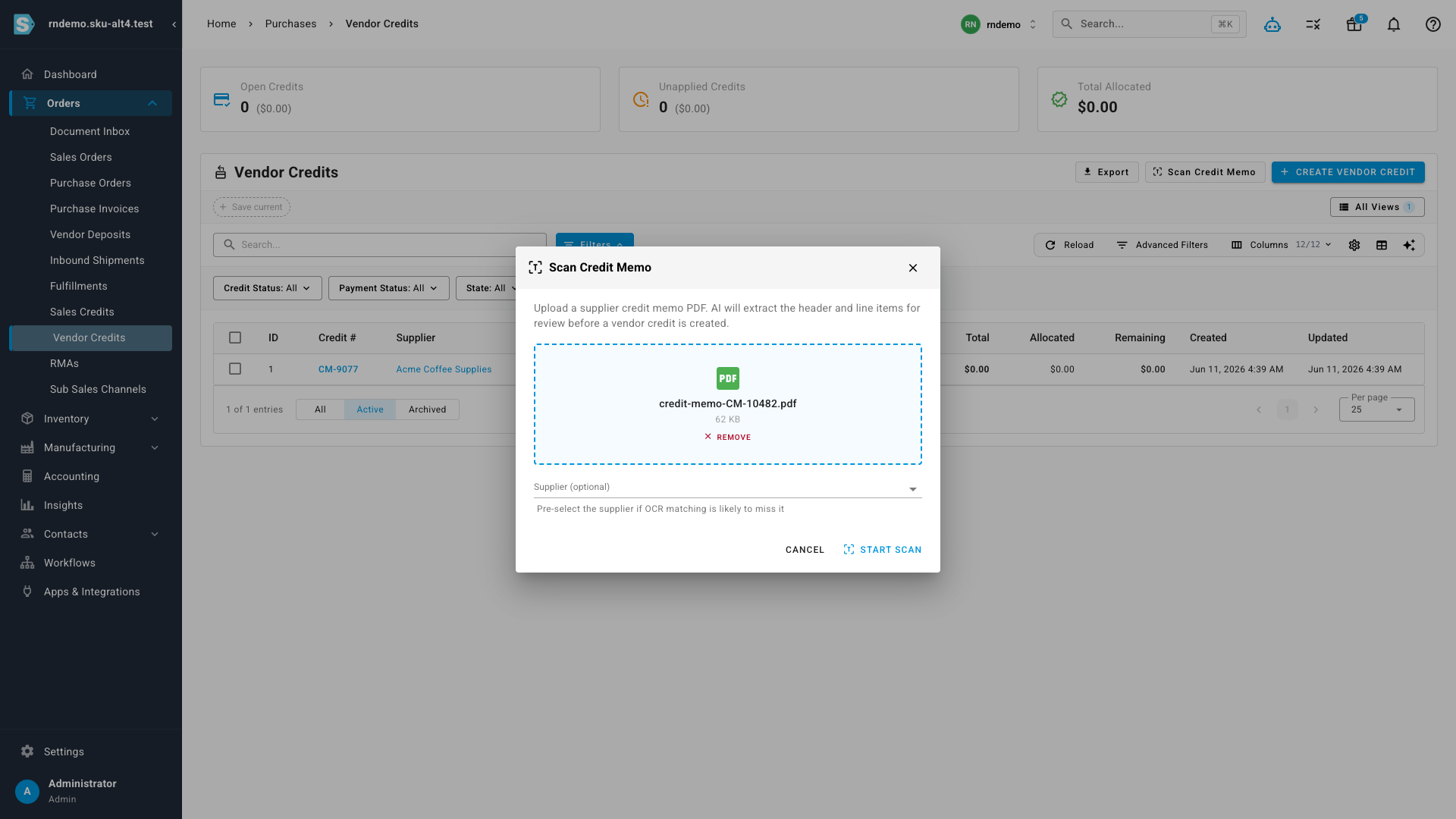 The Scan Credit Memo dialog with a credit memo PDF ready to scan