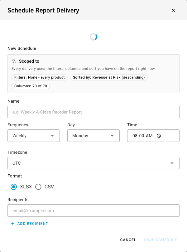 The Schedule Report Delivery dialog with a name, frequency, time, timezone, CSV or XLSX format, recipients, and the filters the schedule is scoped to