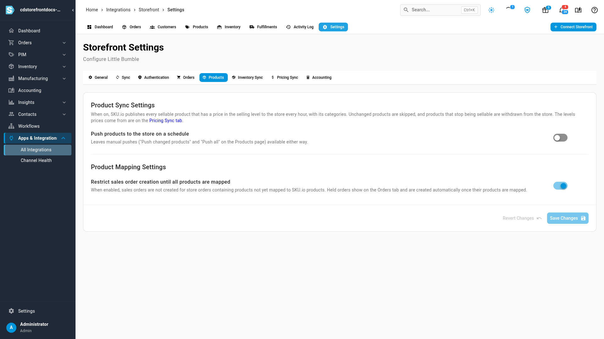 The Products settings tab with the scheduled push switch