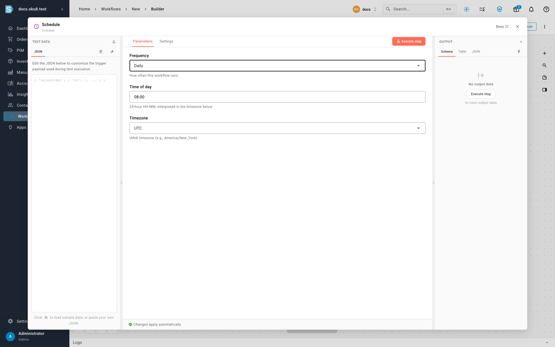 The Schedule node's settings — Frequency, Time of day, Day of week, and Timezone