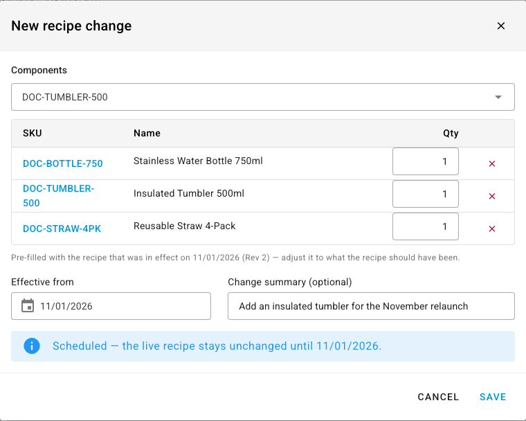 A recipe change effective 11/01/2026 that includes DOC-TUMBLER-500, with the Scheduled notice