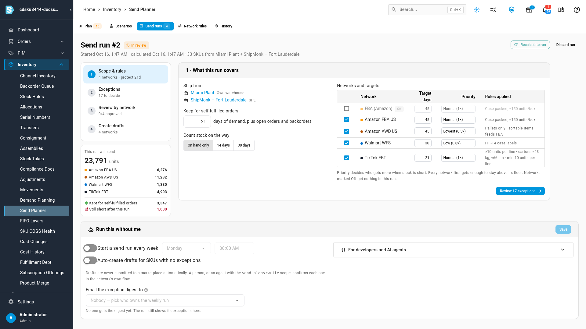 Step 1 of a send run: the steps list and This run will send summary on the left, and on the right Ship from with two warehouses, Keep for self-fulfilled orders at 21 days, Count stock on the way, and the Networks and targets table with target days, priority and rules applied for each network