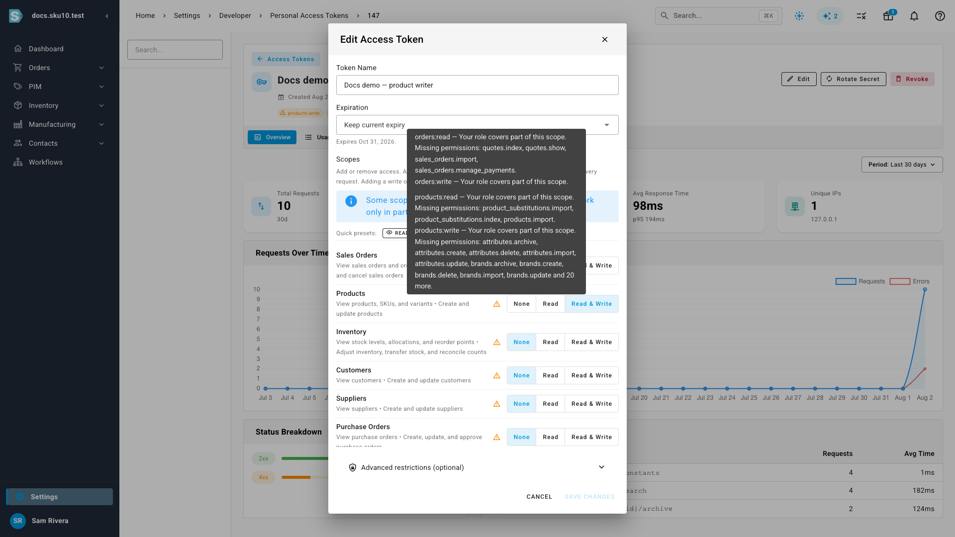 A tooltip listing the missing permissions behind each flagged scope