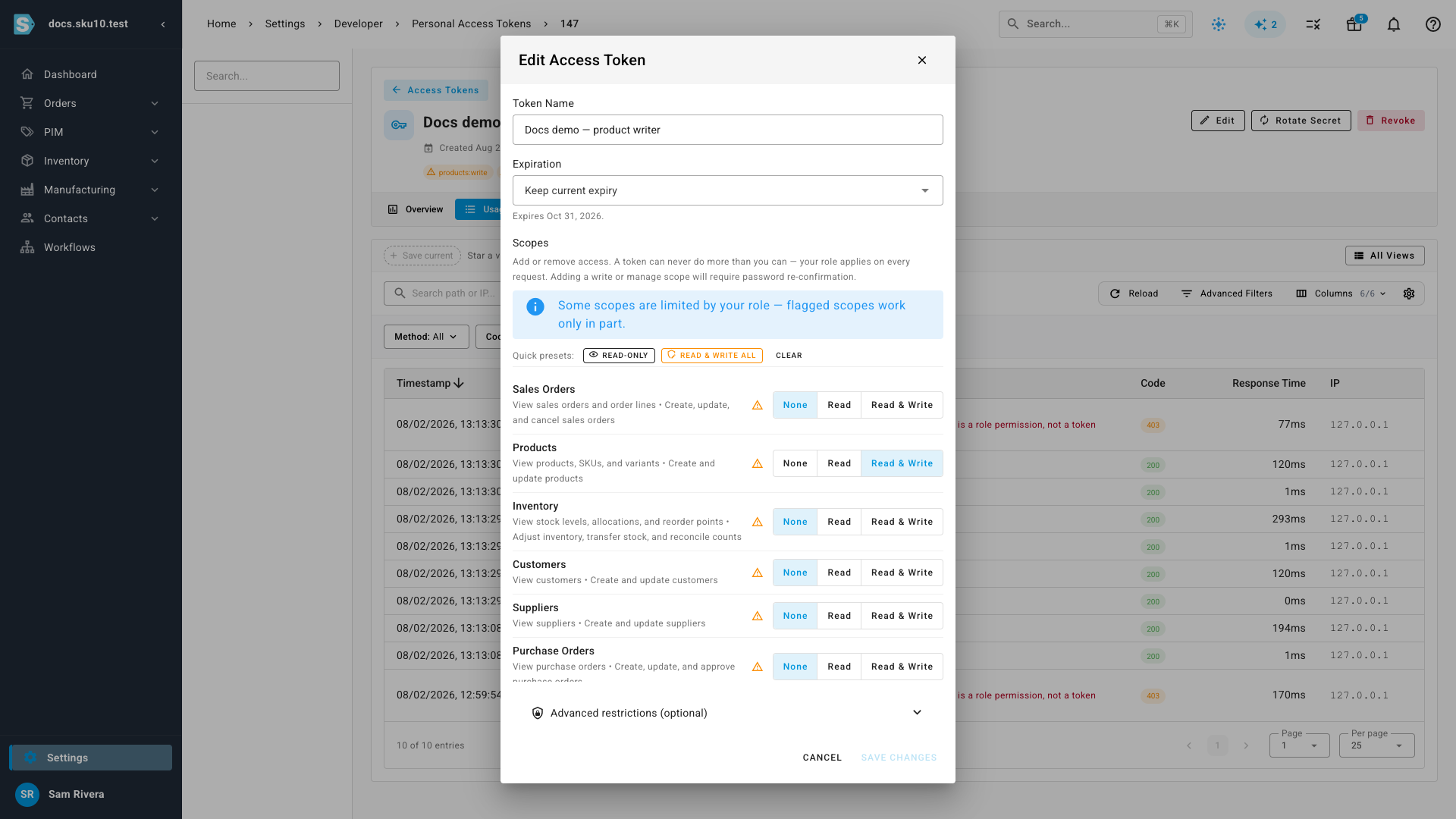The scope picker showing a banner that some scopes work only in part, with warning icons on affected rows