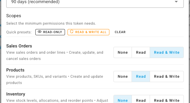 The Scopes section of the token dialog, with quick presets and a read/write ladder per group