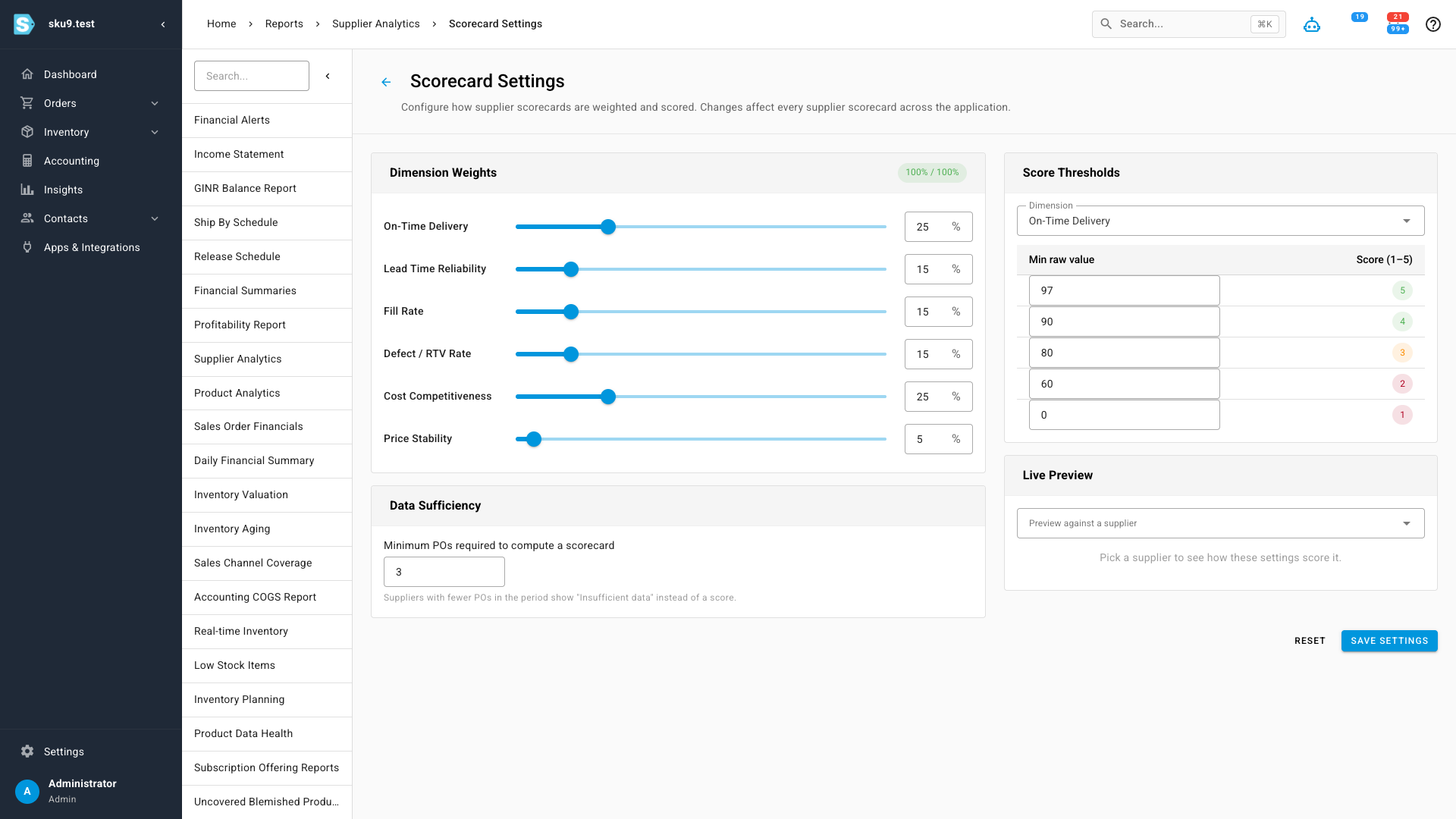 The Scorecard Settings page with dimension weight sliders, score thresholds, and a live preview