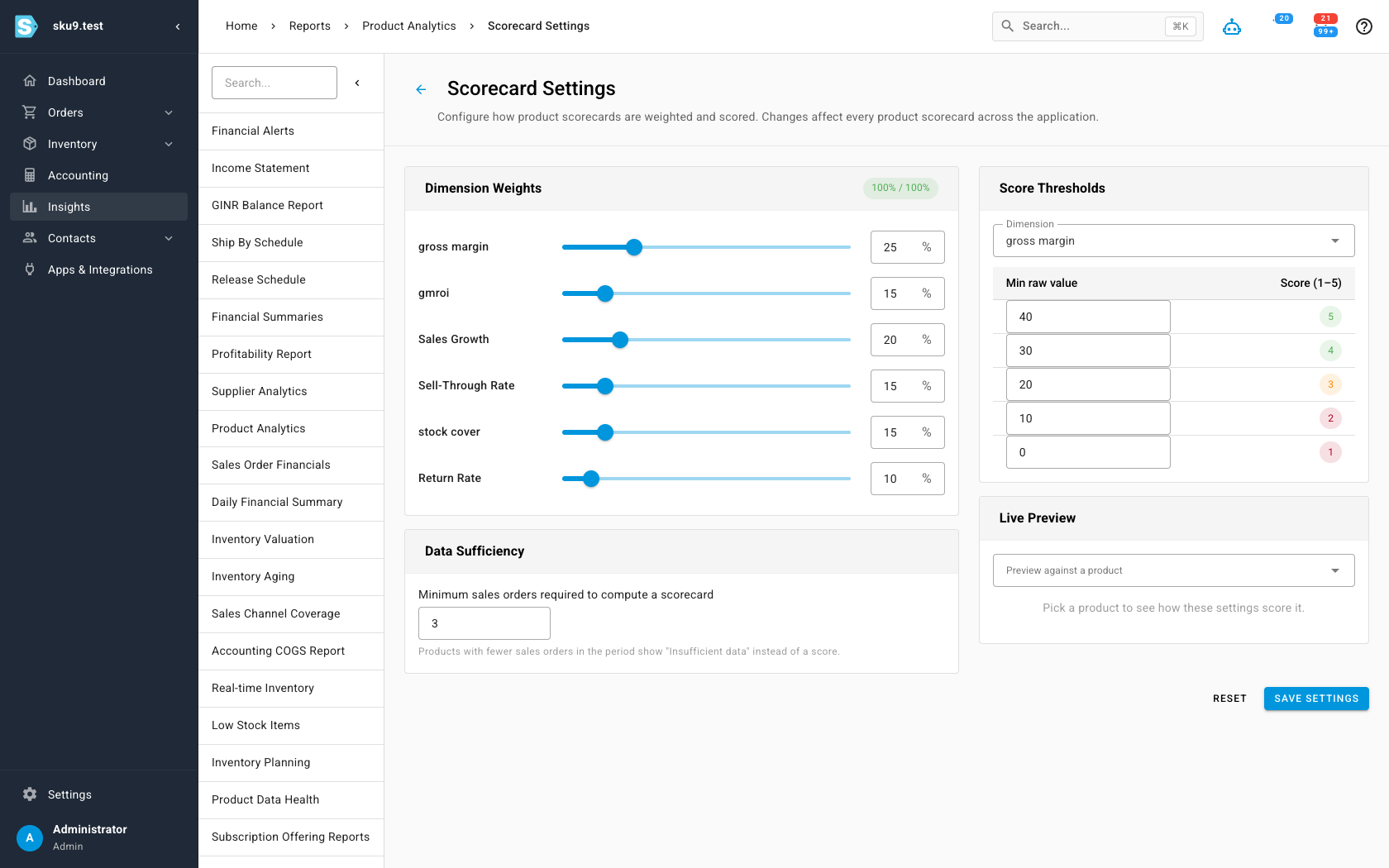 The Scorecard Settings page with dimension weight sliders, score thresholds, and a data sufficiency control
