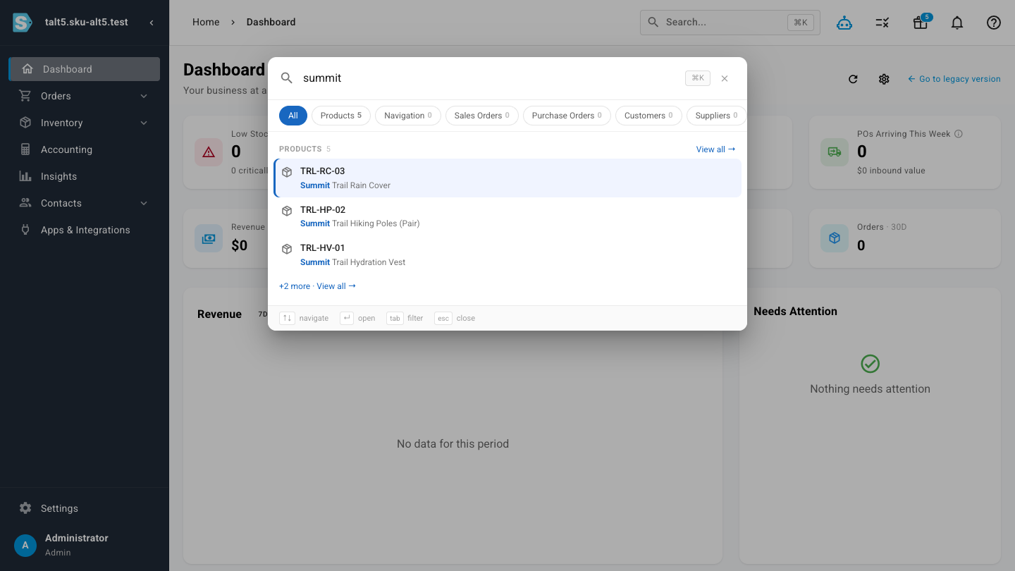 Global search showing grouped, highlighted results for a query