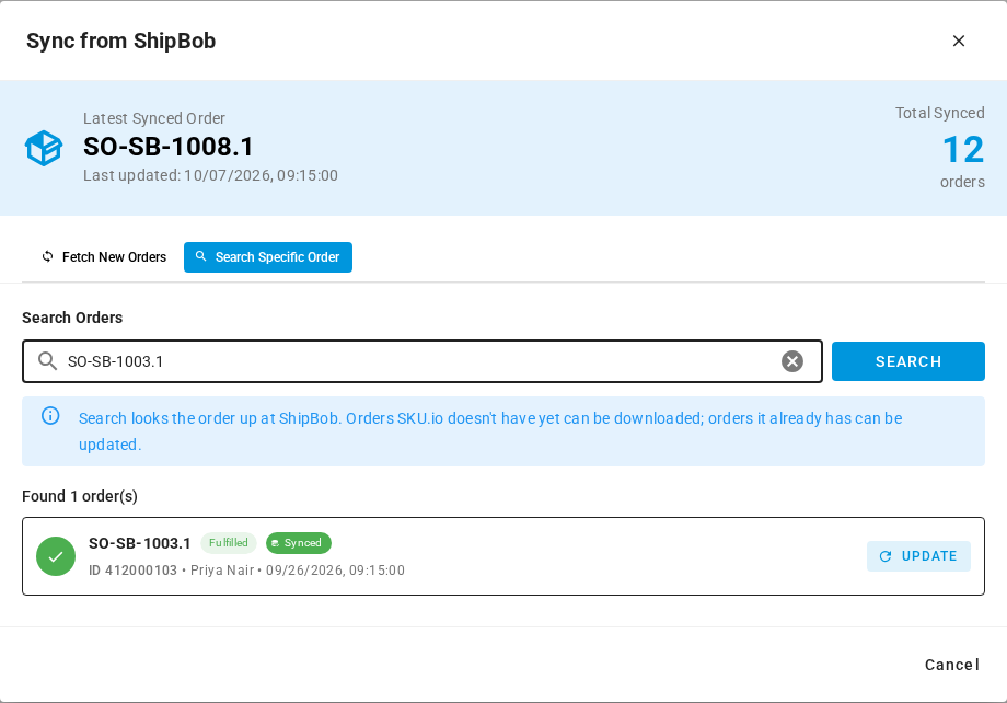 Search Specific Order, with SO-SB-1003.1 found in ShipBob, marked Synced, and an Update button
