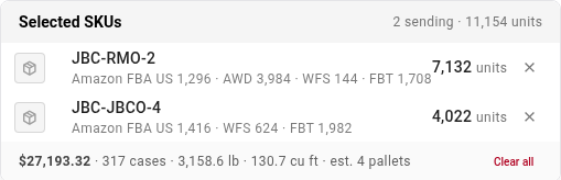 The selection preview listing each selected SKU with its units per network, and the totals with Clear all