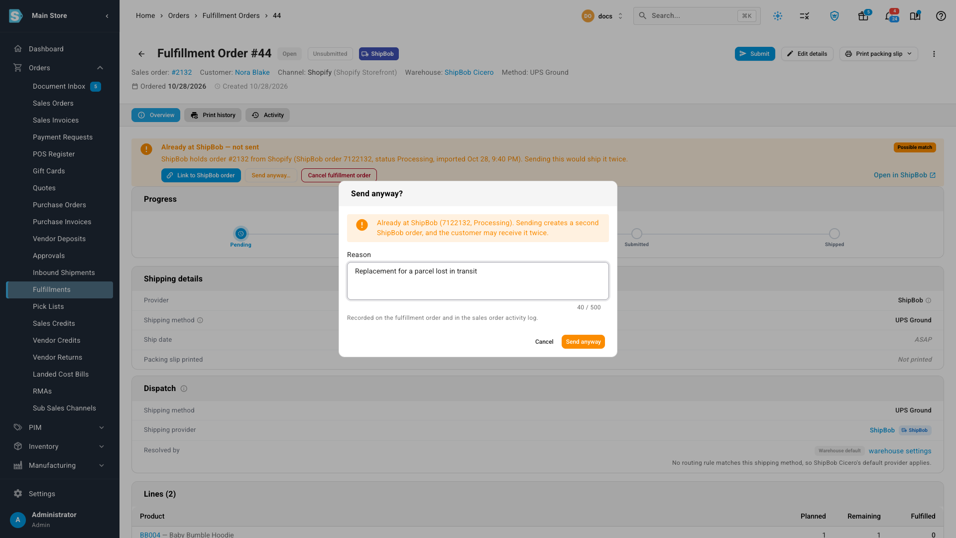 The Send anyway dialog