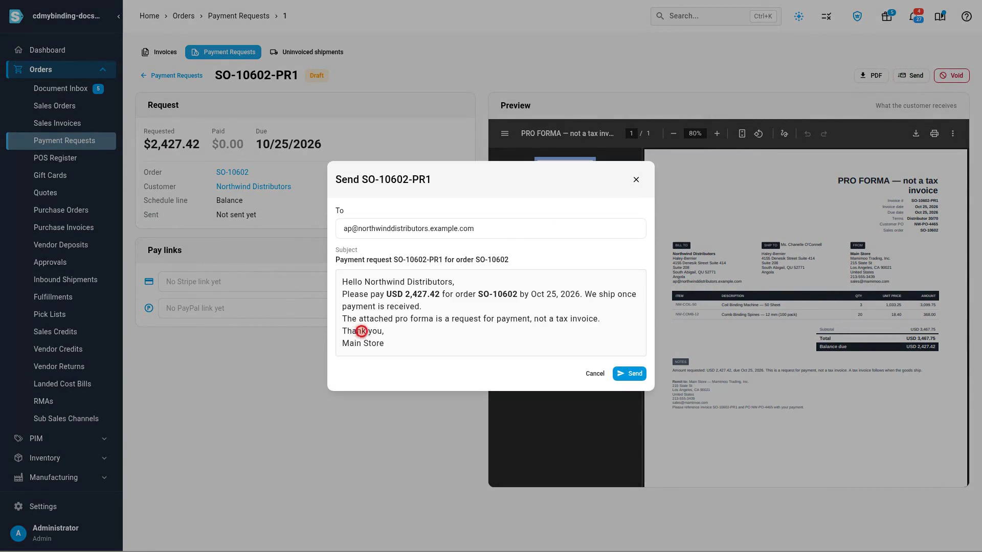 The Send dialog: the recipient, subject and message