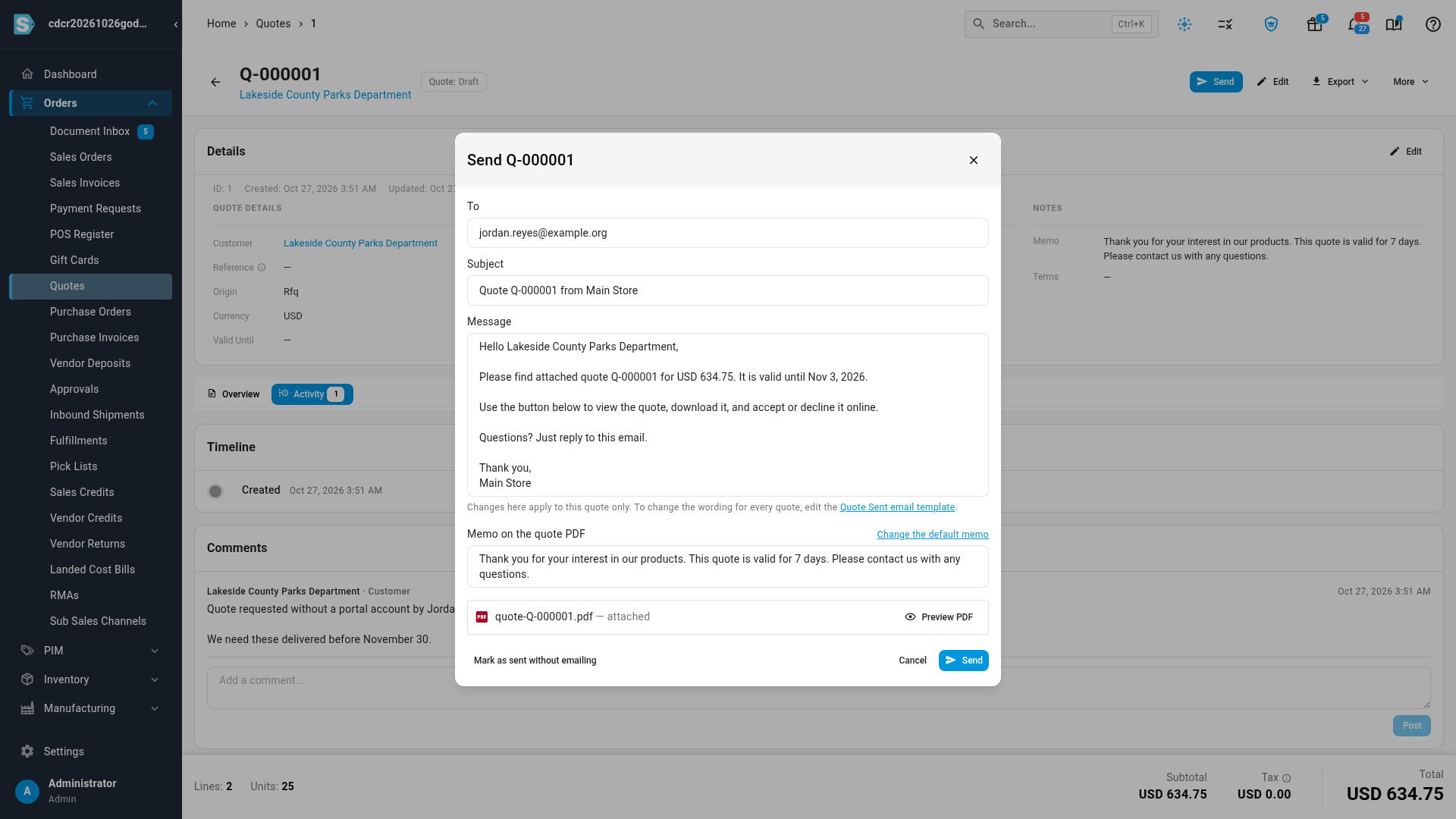 The Send dialog, with the quote PDF attached