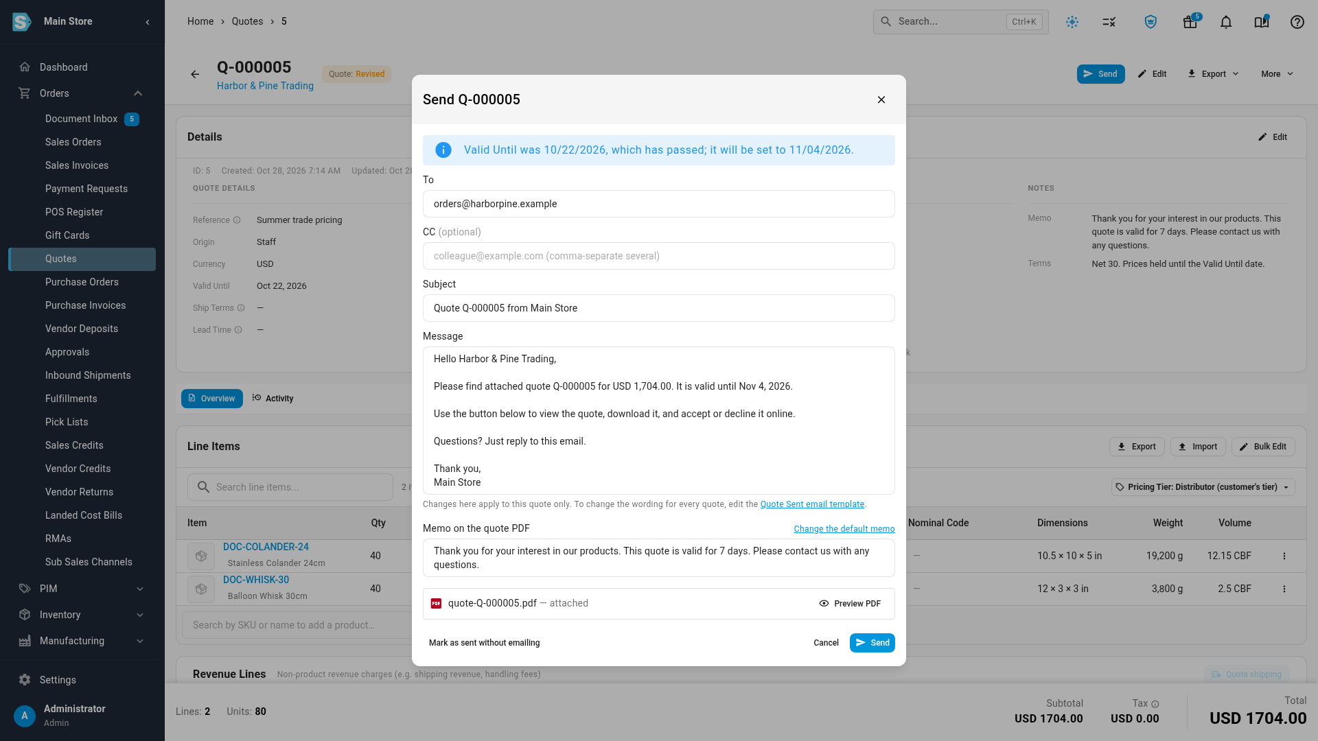 The Send dialog for a revised expired quote, with the notice that its Valid Until date has passed and will be set to a new date