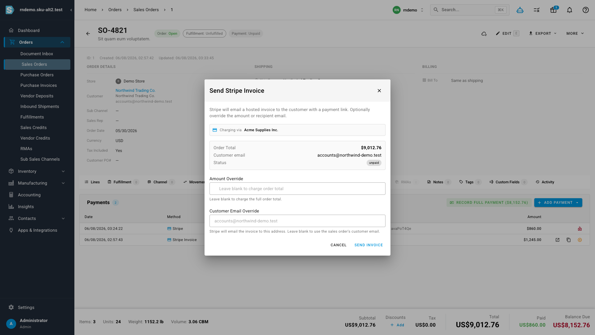 The send-invoice dialog on a sales order, ready to bill a customer through Stripe