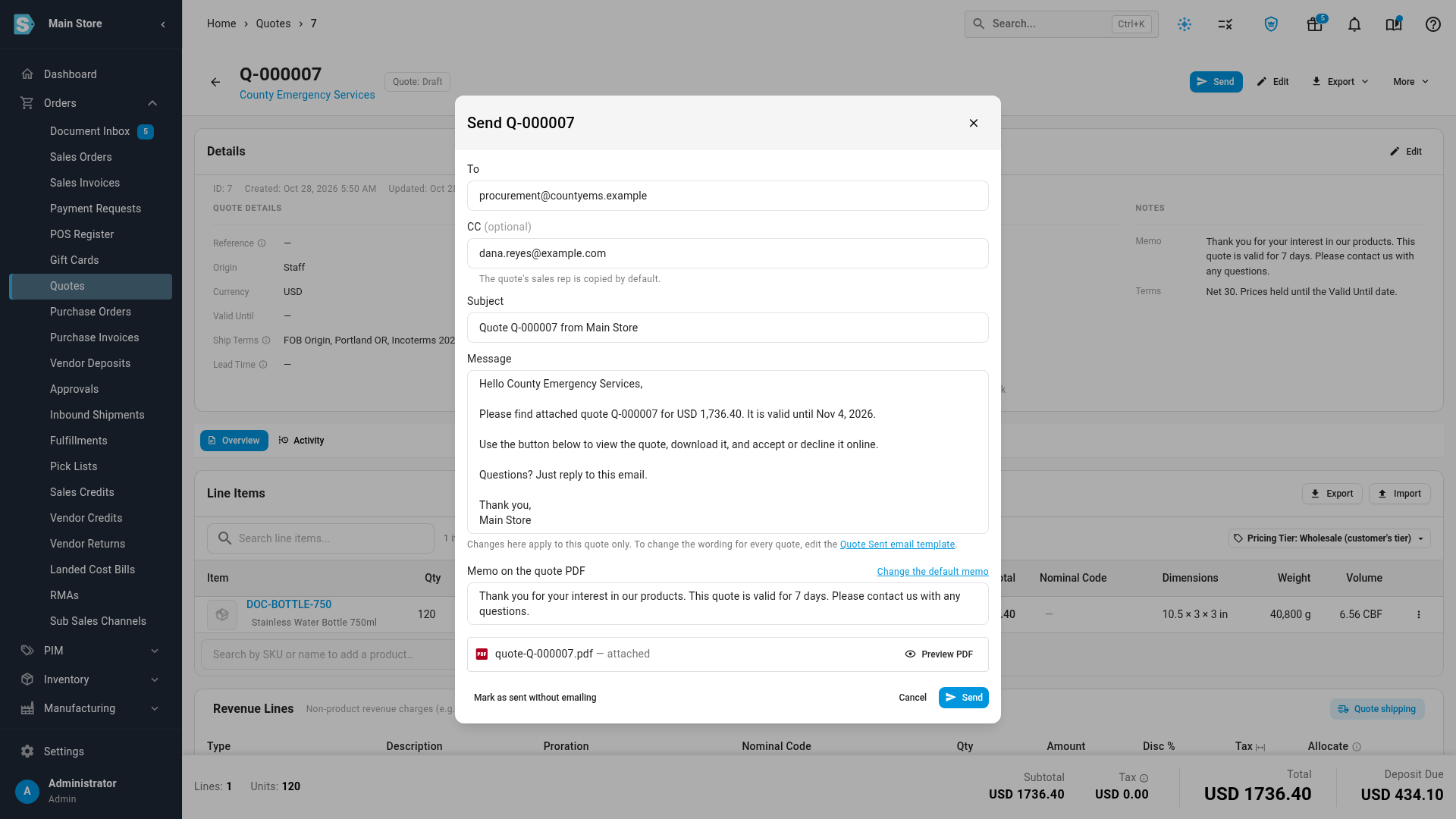 The Send dialog with To, CC (optional), Subject, Message, Memo on the quote PDF, the attached quote PDF and the Send button