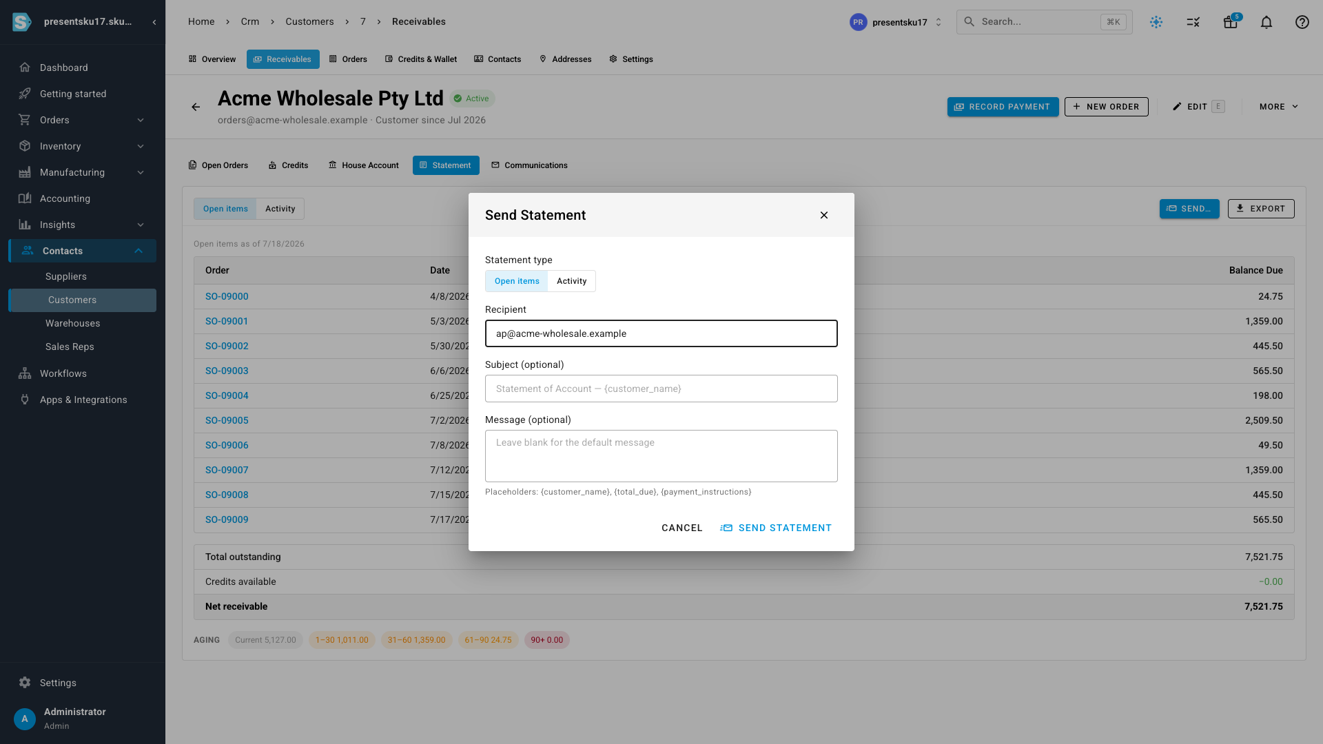 The Send Statement dialog — statement type toggle, recipient pre-filled from the billing email, and optional subject and message fields with customer-name and balance placeholders