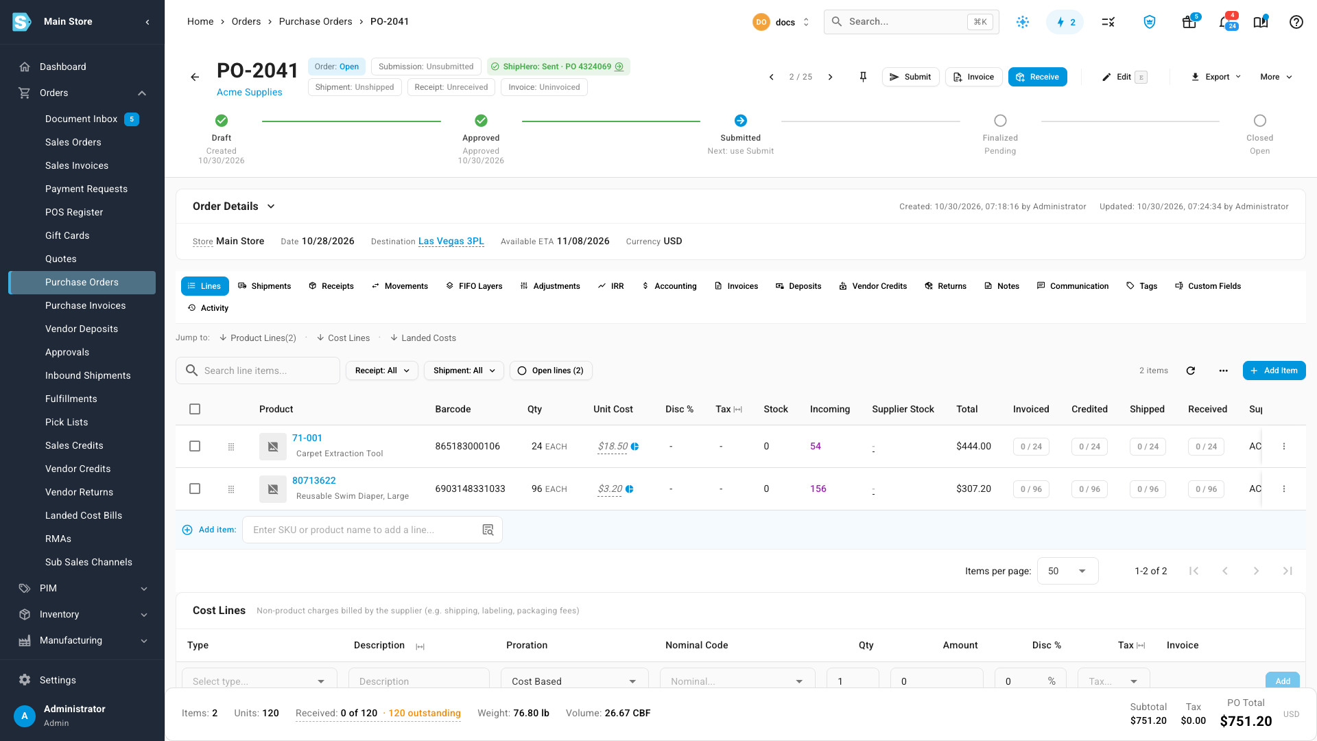 The purchase order header with the ShipHero: Sent chip