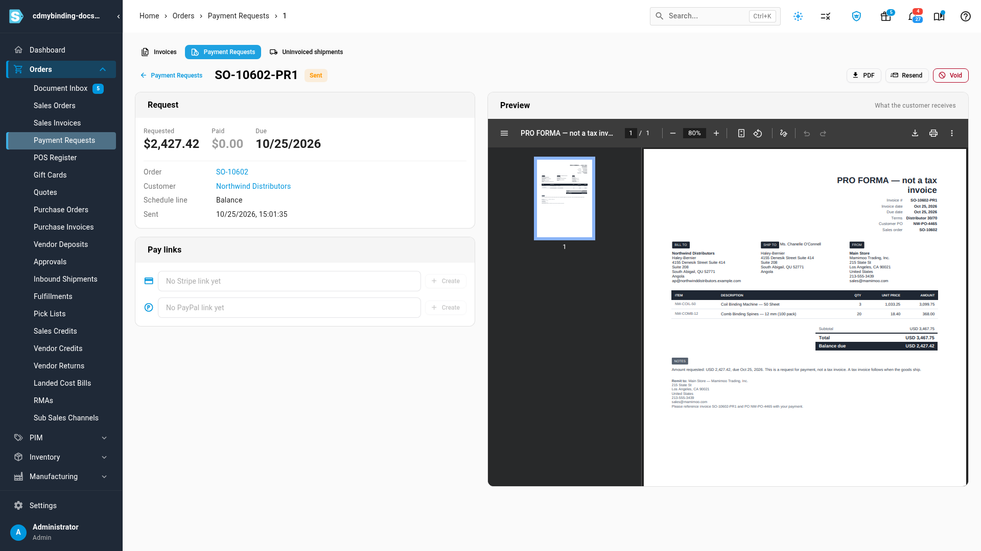 A payment request after sending, its status now Sent
