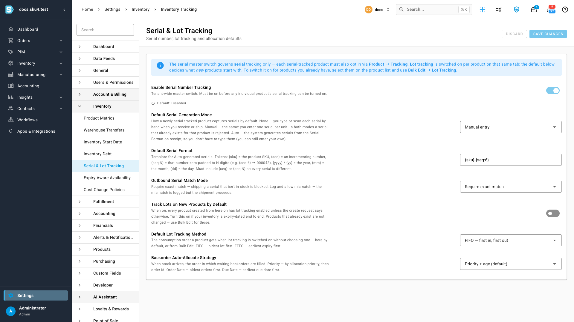 The Serial &amp; Lot Tracking settings page, with Enable Serial Number Tracking switched on