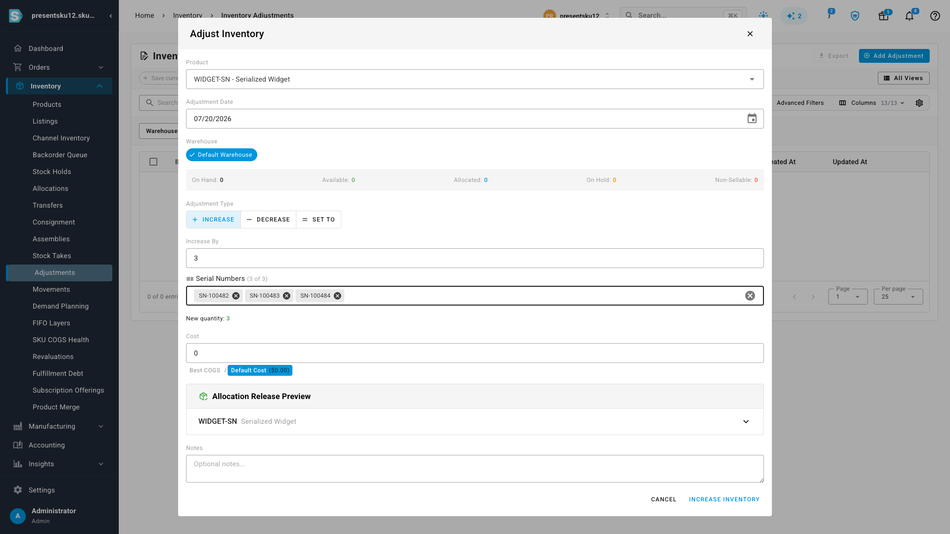 The Adjust Inventory dialog receiving three units of a serialized product, with all three serial numbers captured and a 3-of-3 counter