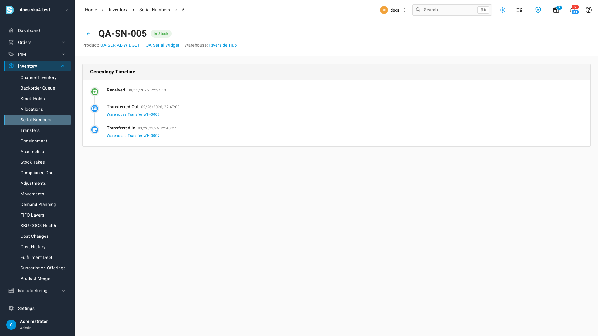 A serial's page showing its status, product, warehouse and Genealogy Timeline