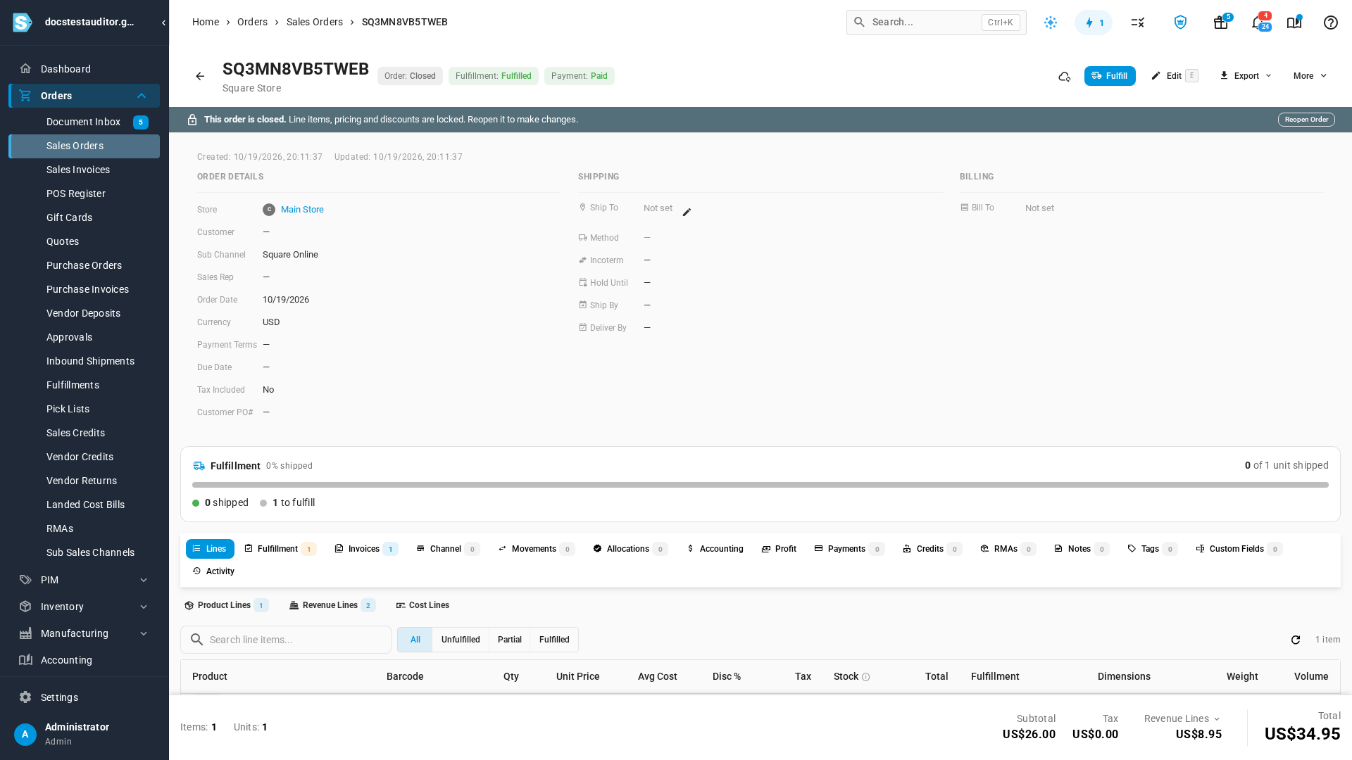 Square service charges on the sales order's revenue lines