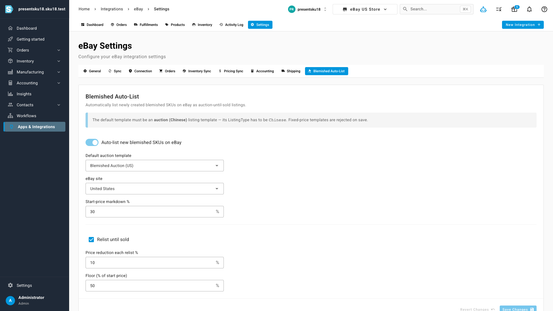 The Blemished Auto-List settings for an eBay store: an on/off switch, default auction template, eBay site, start-price markdown, and the relist price-reduction and floor