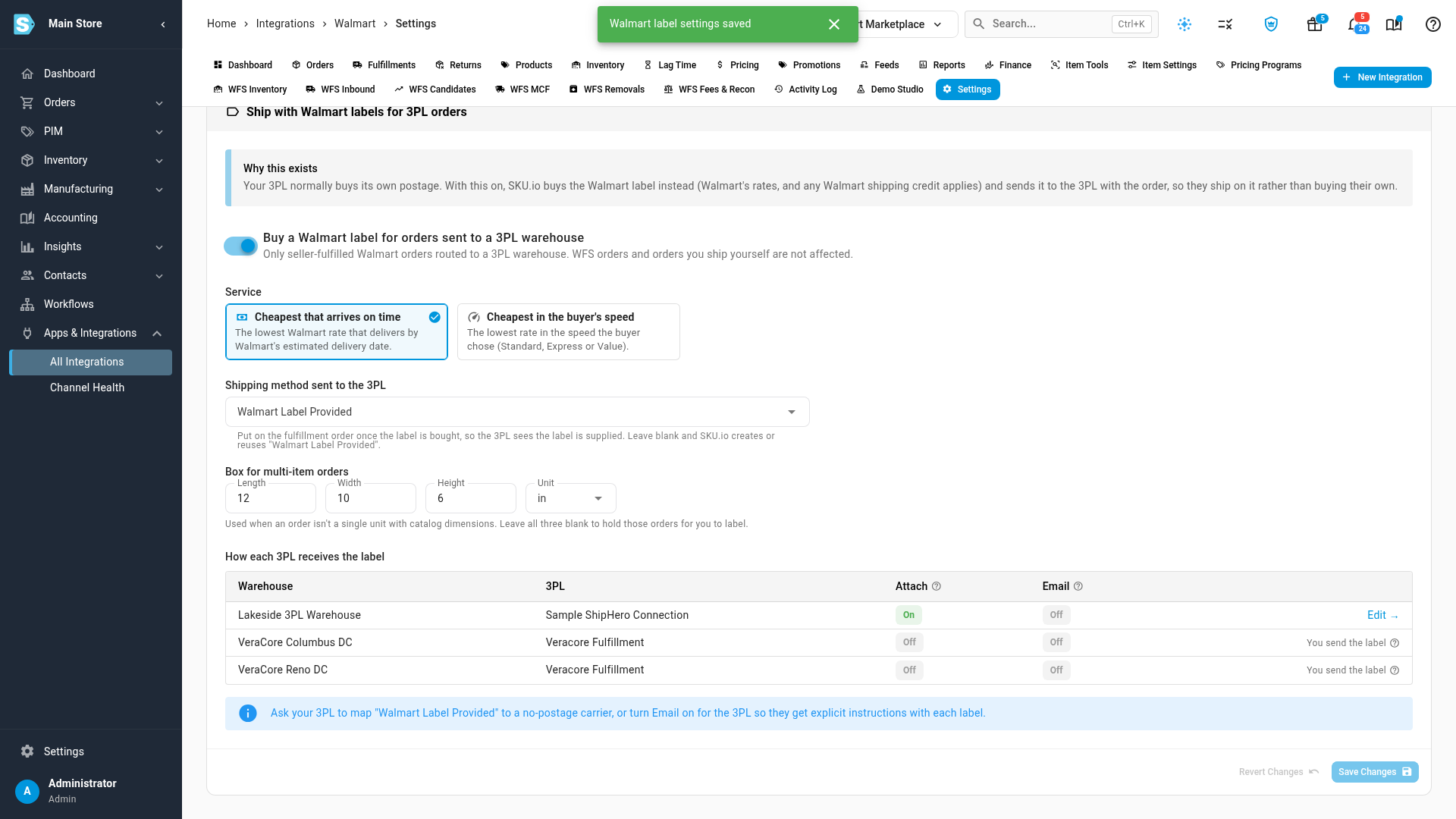 The Labels for 3PL orders settings: the switch, service choice, the shipping method sent to the 3PL, a default box size, and how each 3PL receives the label