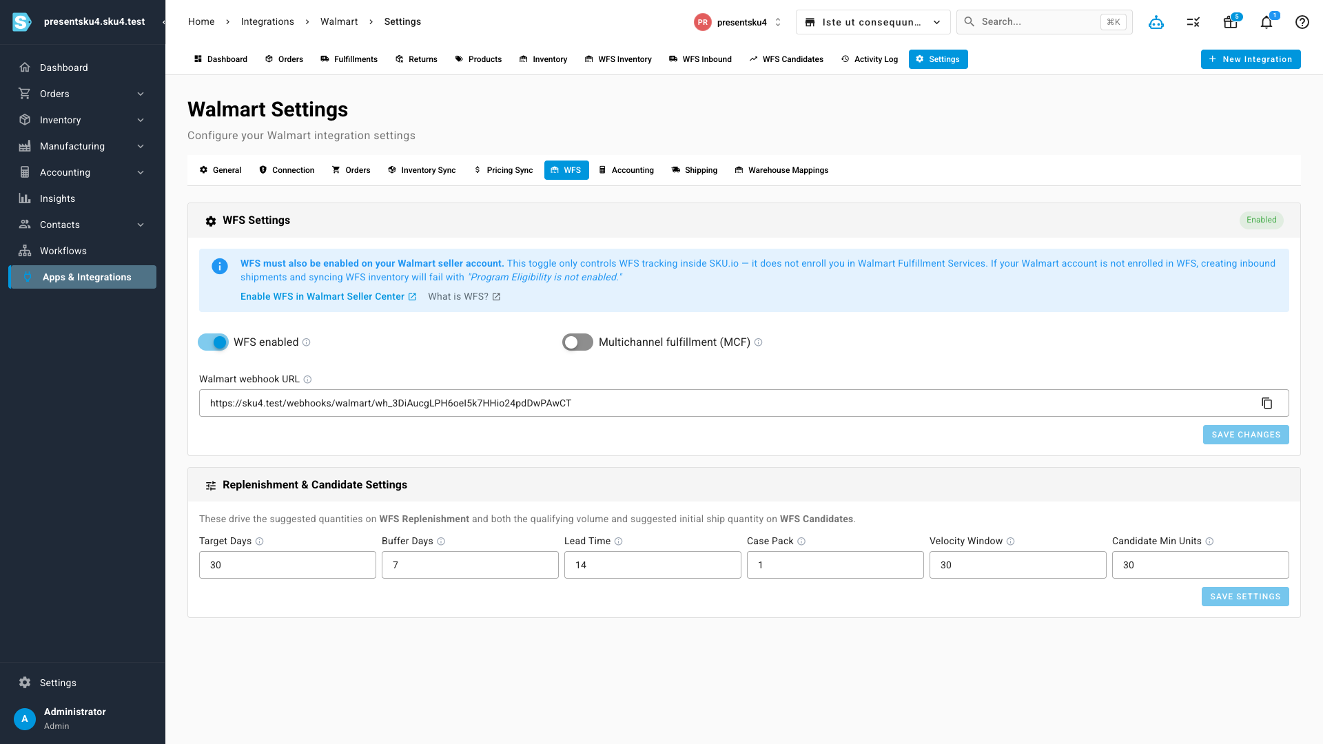 The WFS Settings panel with the enable toggle, seller-account guidance, webhook URL and replenishment settings