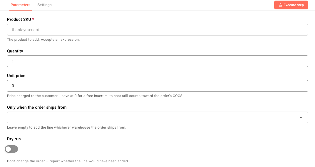 The Add Order Line settings