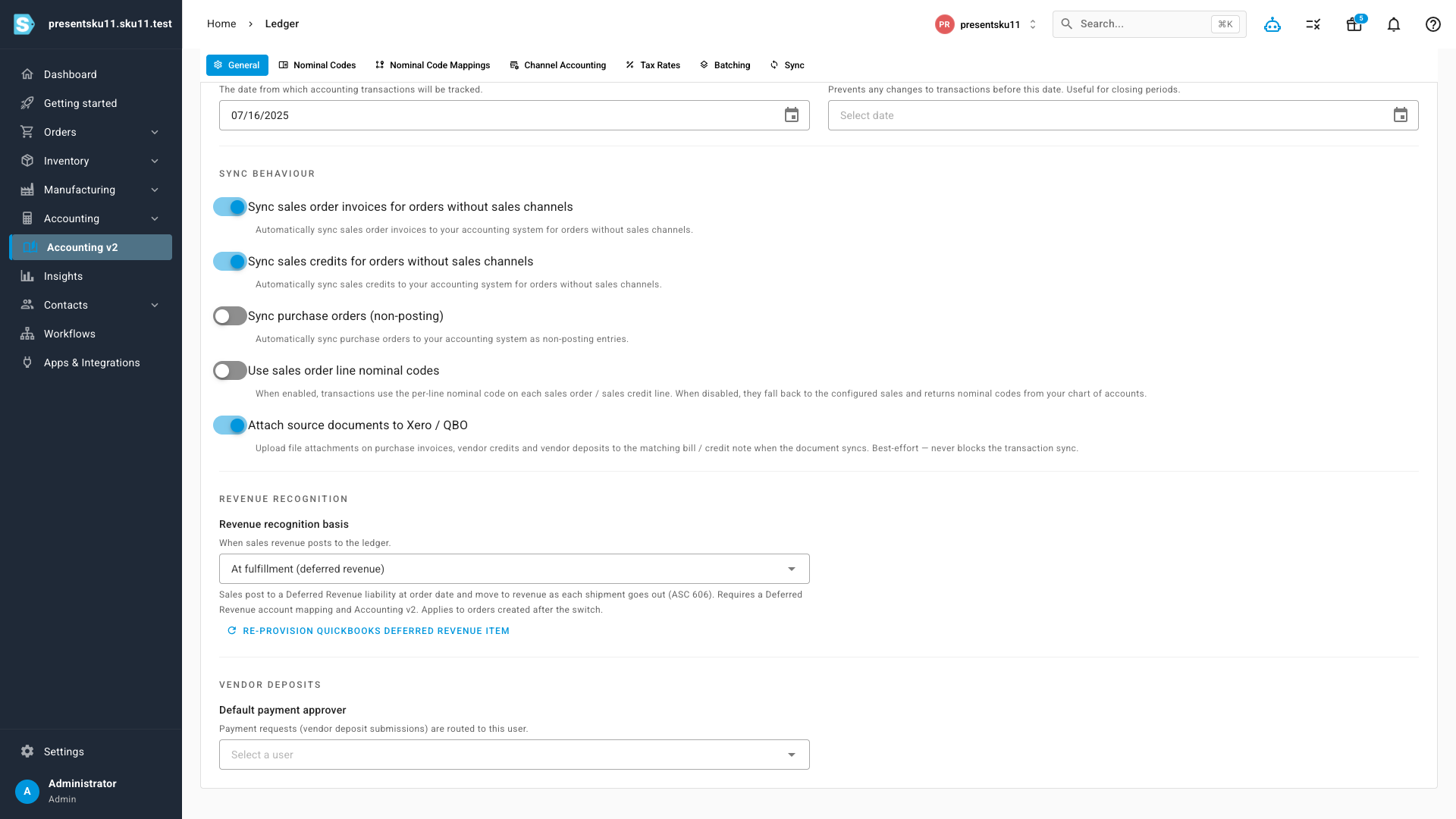 The revenue recognition setting in Accounting v2, set to "At fulfillment (deferred revenue)"