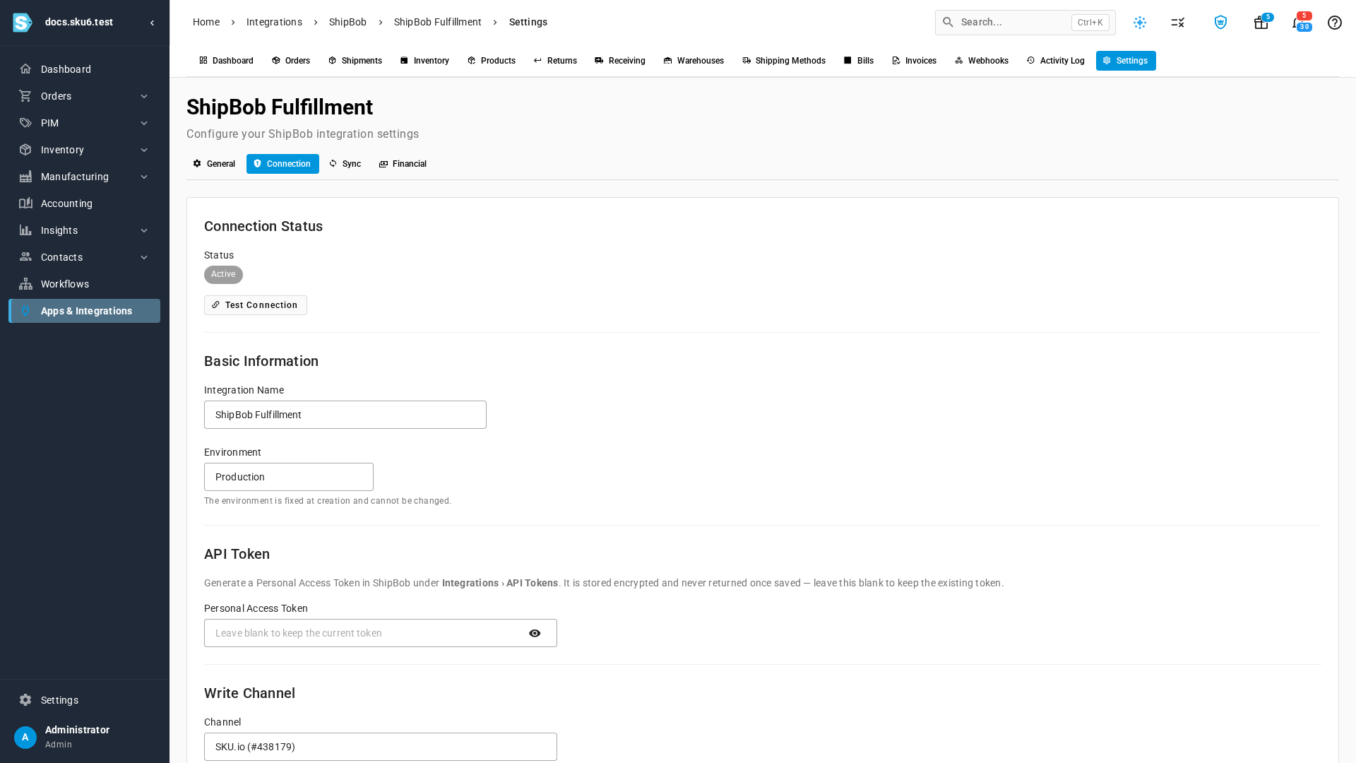 The Connection settings tab with Connection Status, Basic Information, API Token, and Write Channel