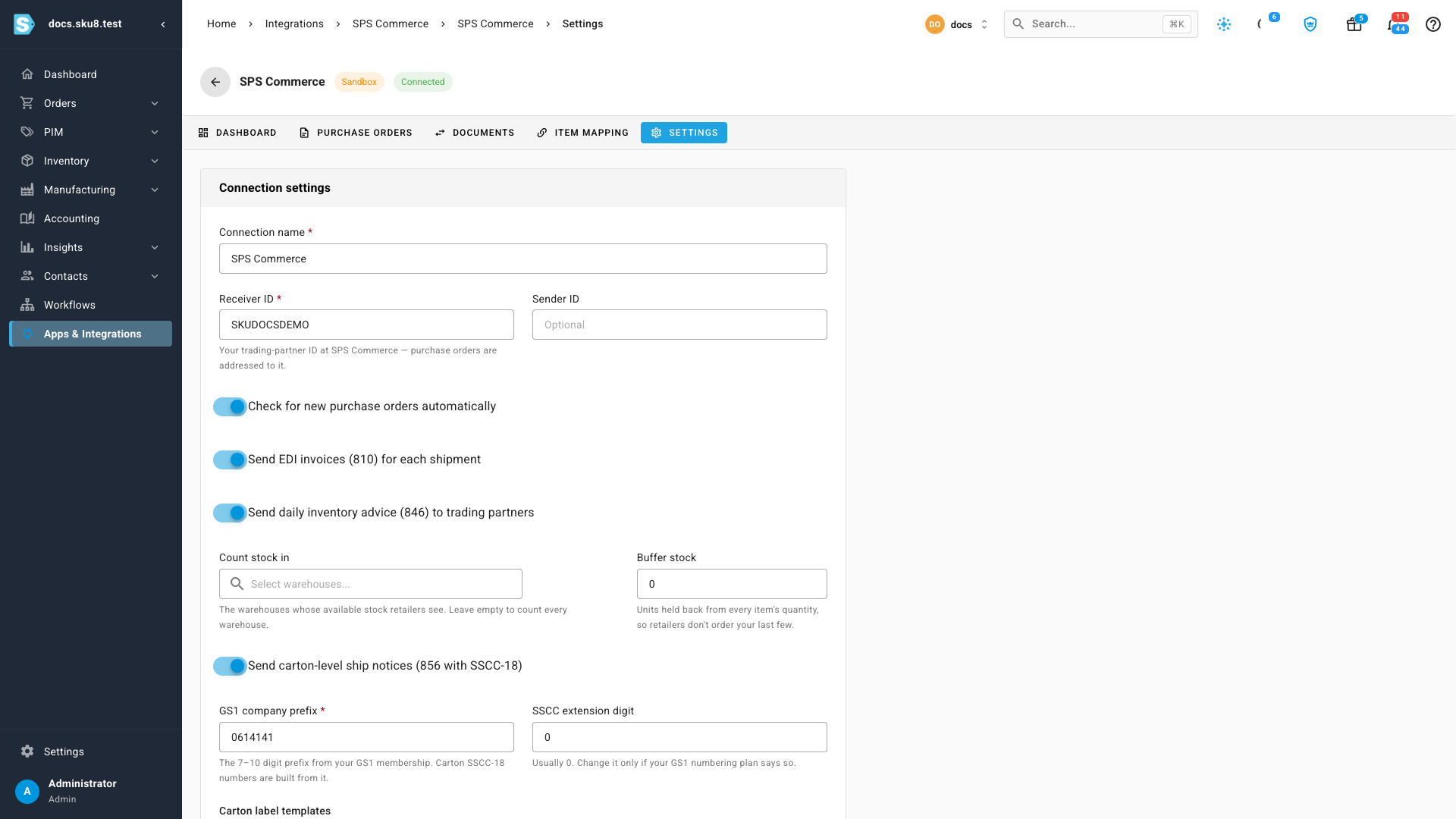 The SPS Commerce Settings tab with invoices, inventory advice and carton-level ship notices turned on