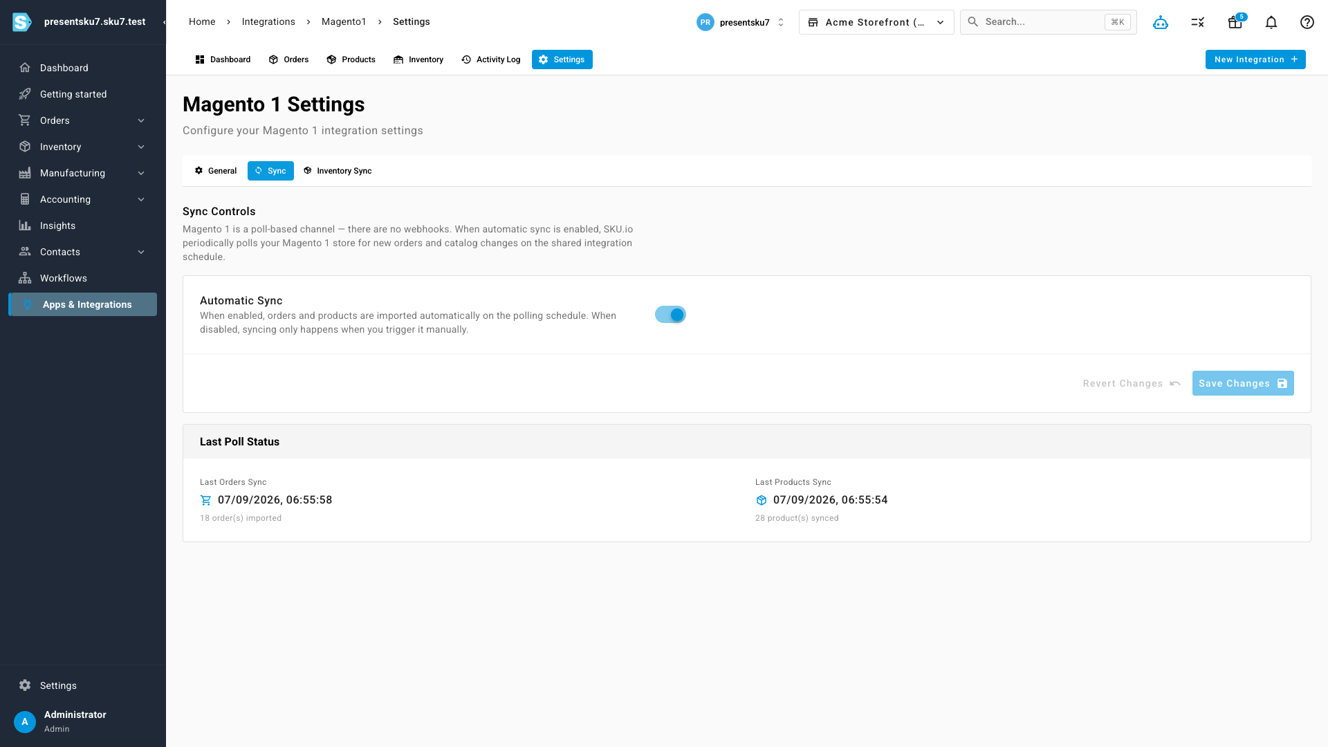 The Magento 1 sync settings with the automatic-sync toggle and last-poll status for orders and products