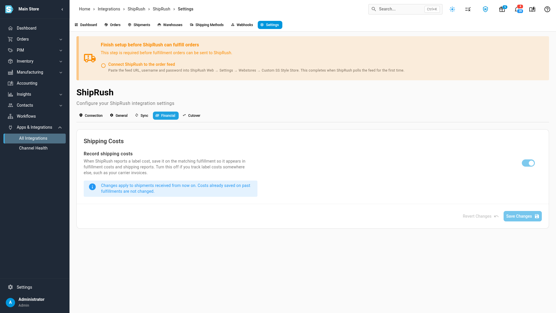 The ShipRush Financial settings with Record shipping costs