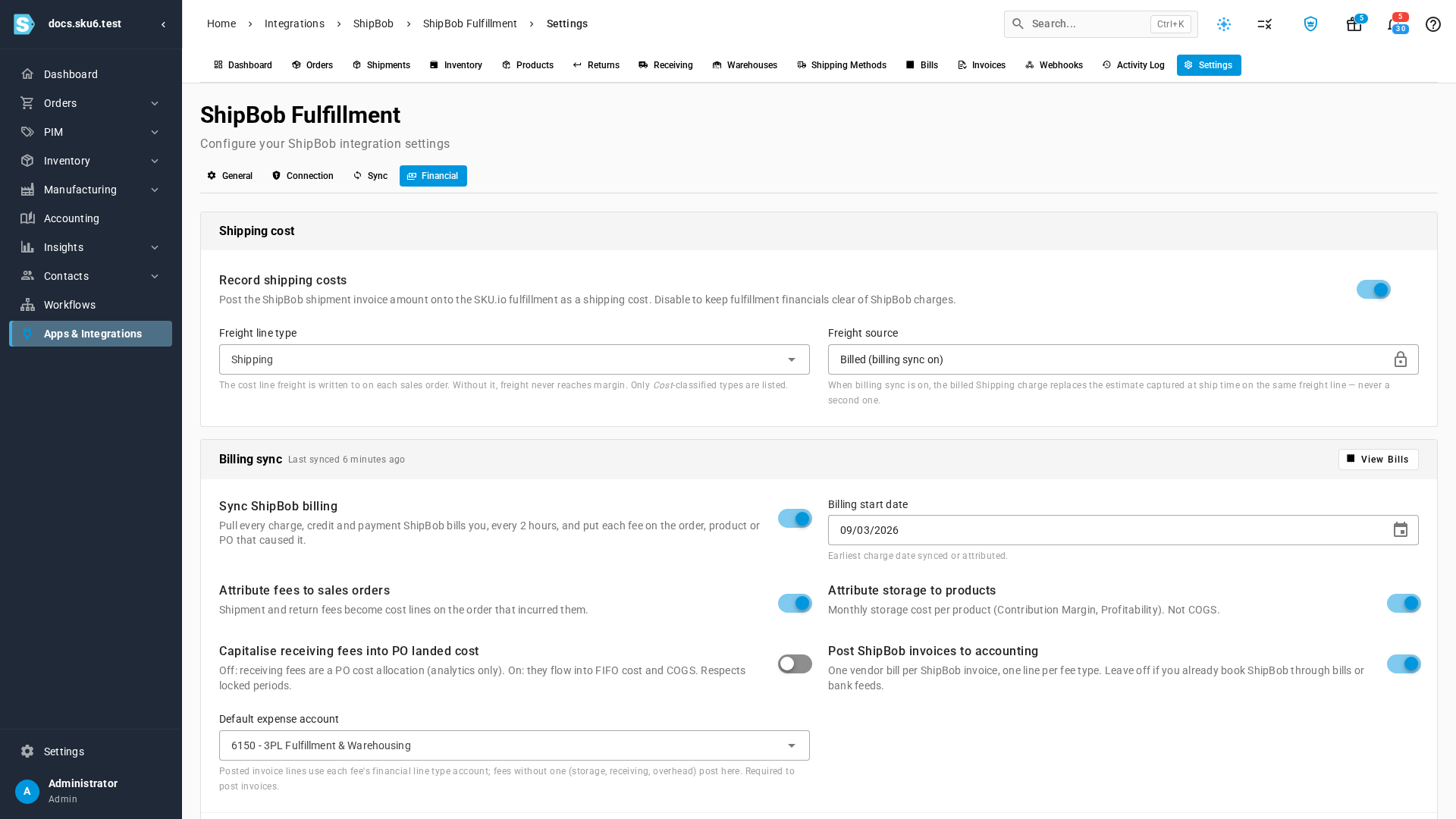 The Financial settings tab with the Shipping cost and Billing sync cards
