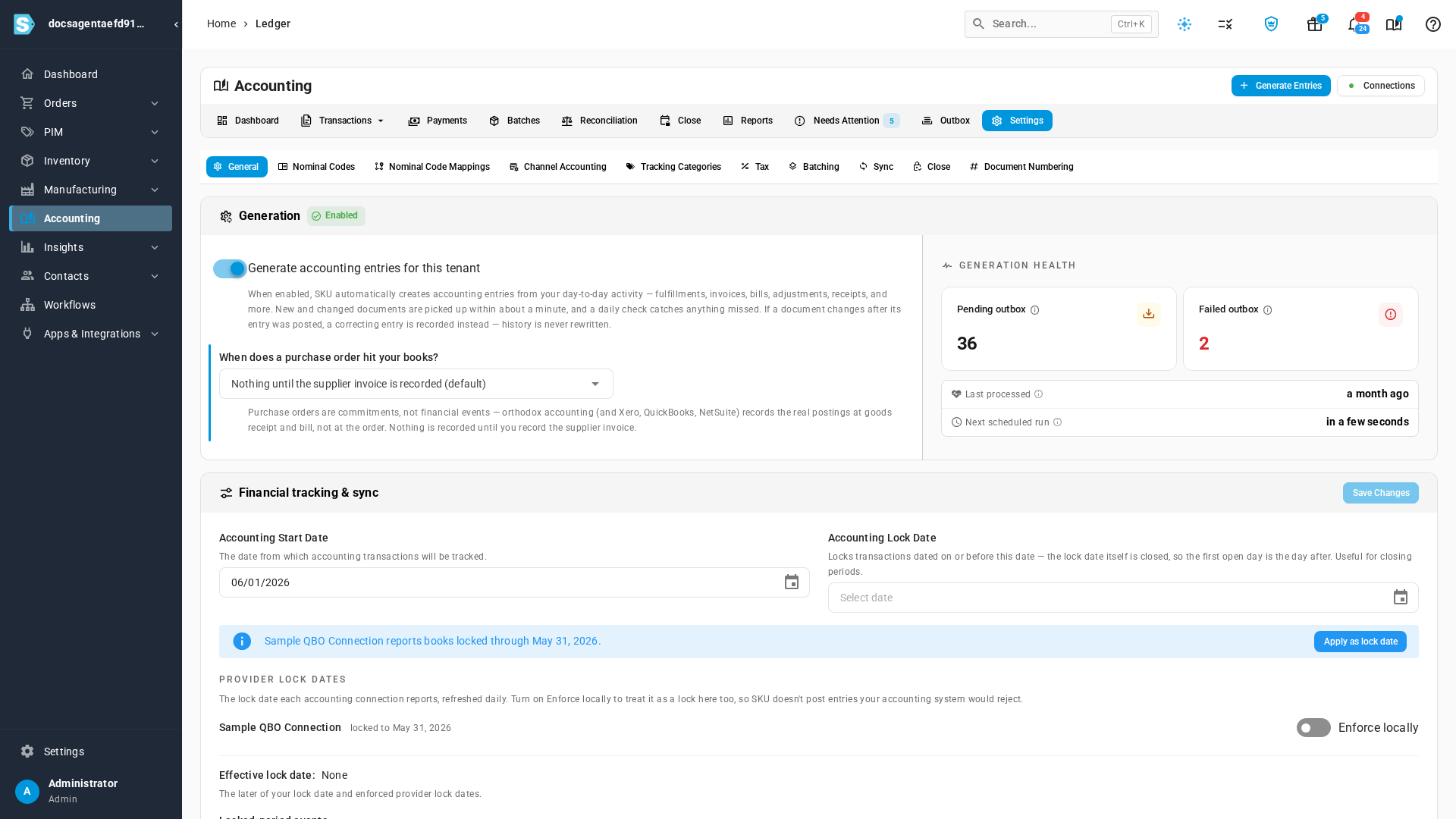 The General sub-tab with the Generation card and the Financial tracking & sync card