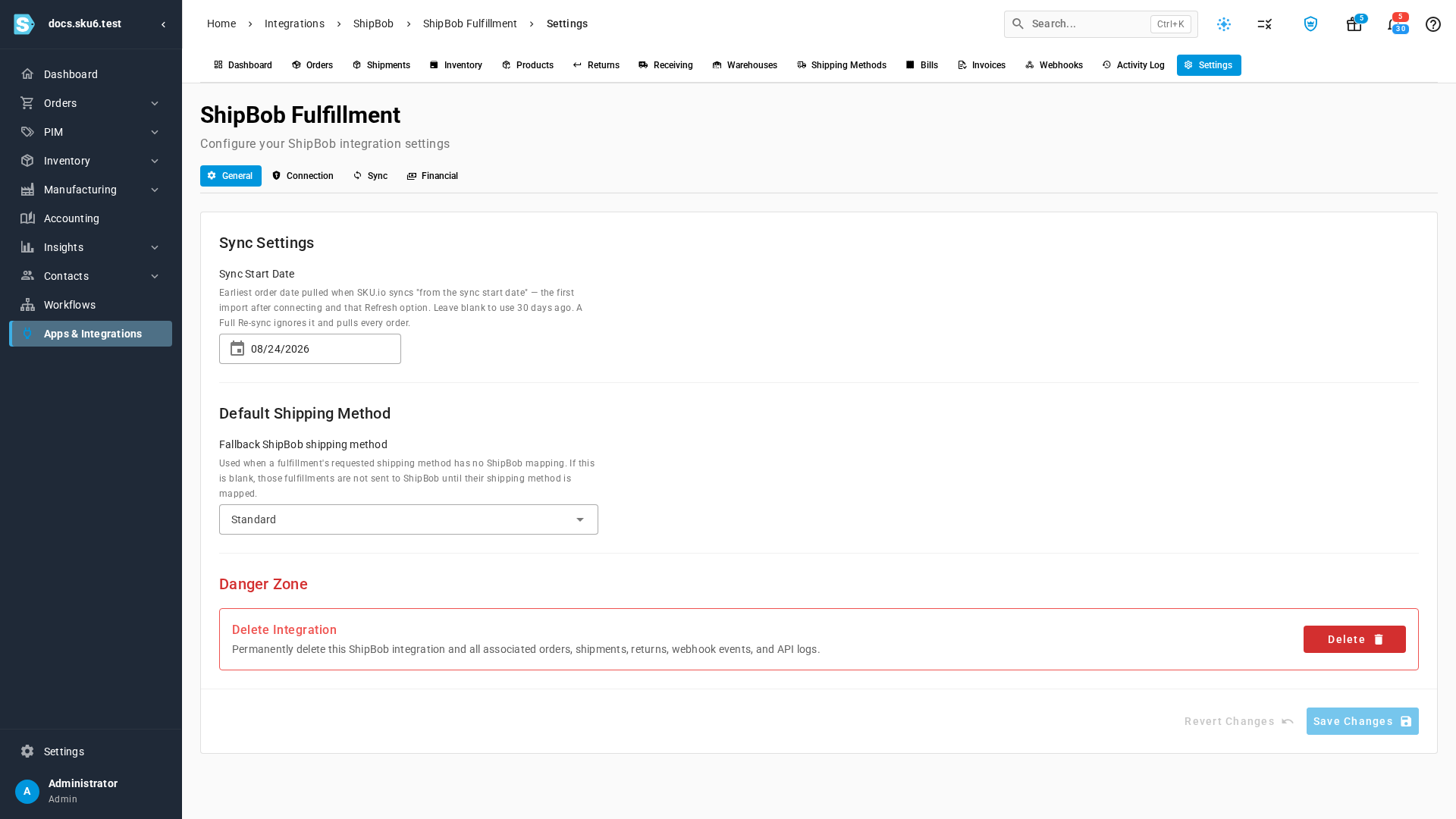The General settings tab with Sync Start Date, Fallback ShipBob shipping method, and the Danger Zone