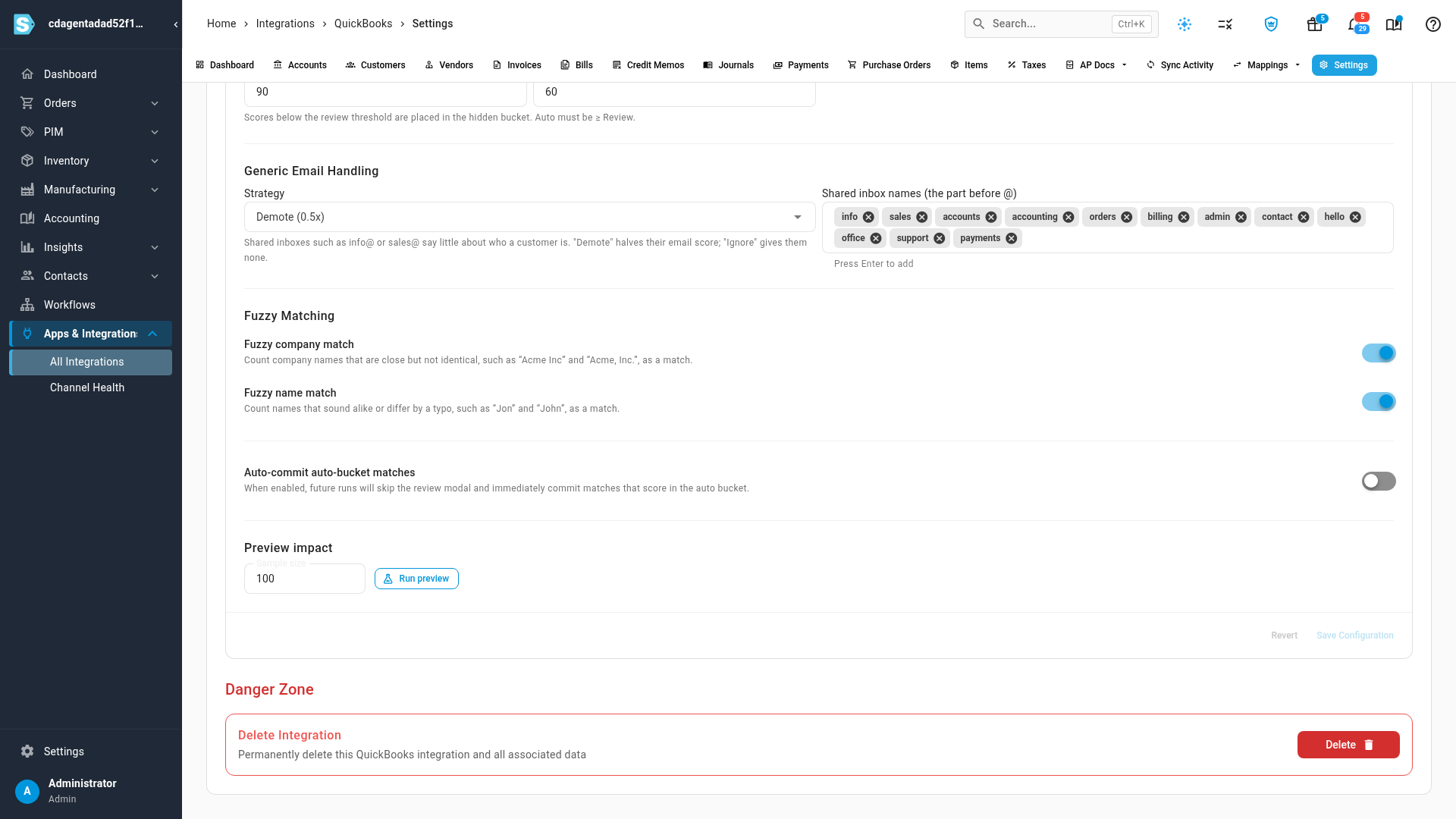 Settings → General scrolled down past the matching options to the Danger Zone and its Delete button