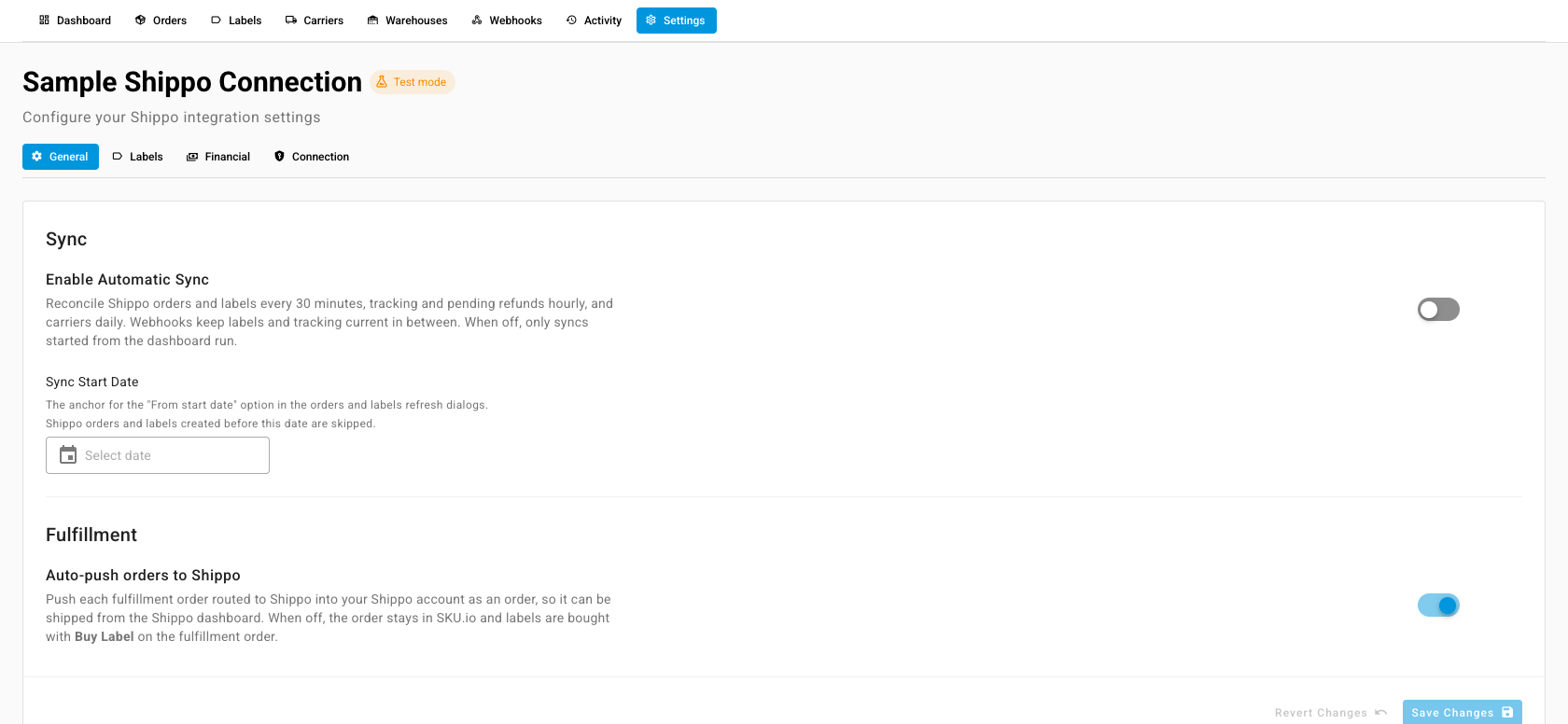 The Shippo General settings: Enable Automatic Sync, Sync Start Date, and Auto-push orders to Shippo