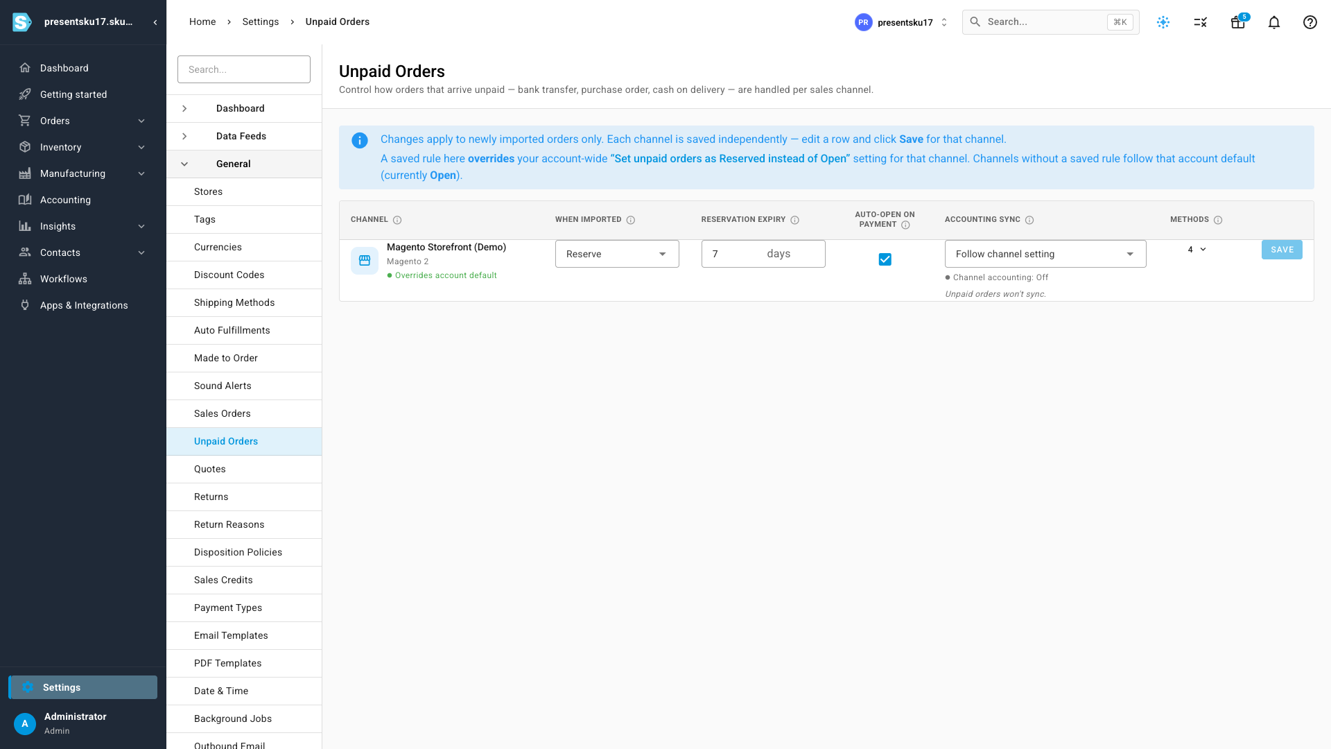 The Unpaid Orders settings grid — one row per connected store showing when an unpaid order is imported, the reservation expiry, auto-open on payment, and accounting sync