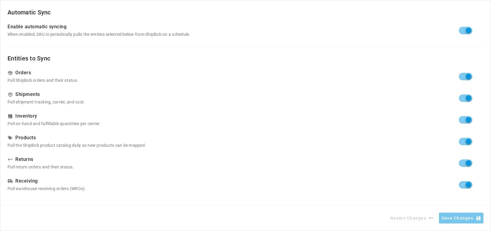 The Sync tab in ShipBob Settings, with the Enable automatic syncing switch and a switch for each of Orders, Shipments, Inventory, Products, Returns, and Receiving